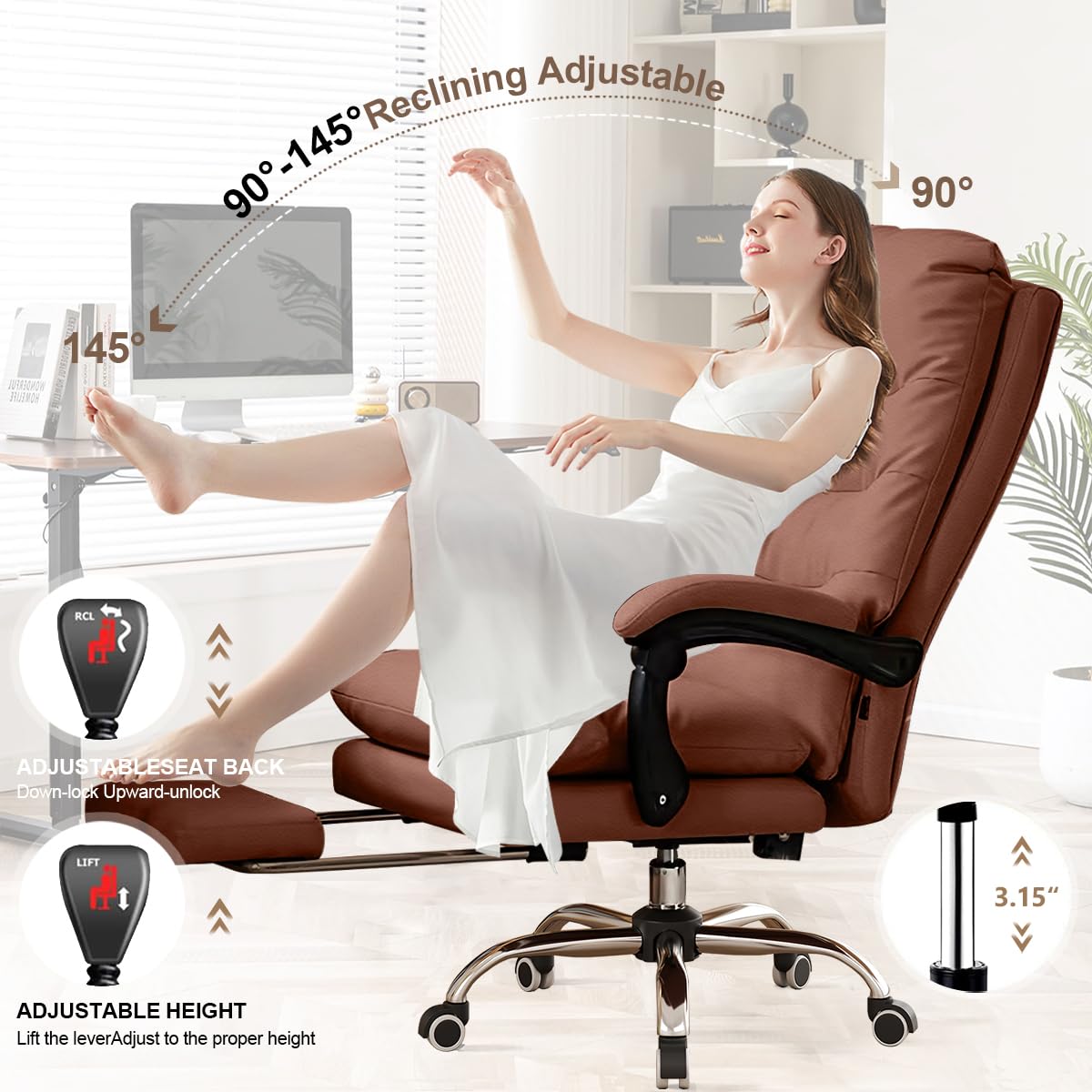 Ergonomic Office Chair with Footrest - Reclining High Back Executive Desk Chair for Gaming & Work - Comfortable Leather Computer Chair for Home & Office Use