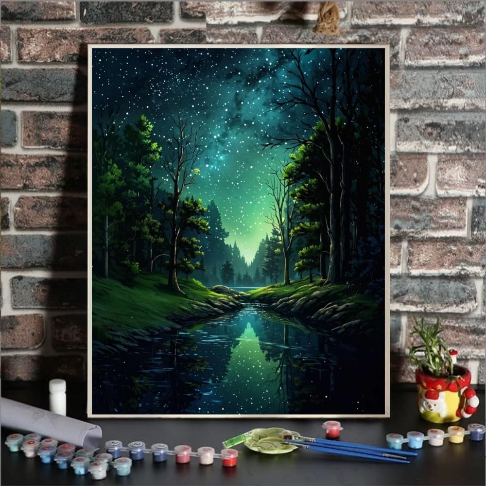 Starry Night Paint by Numbers Kit for Adults Beginners - DIY Forest Landscape Oil Painting on 16x20 Inch Canvas - Perfect Gift & Home Wall Decor for Relaxation & Stress Relief