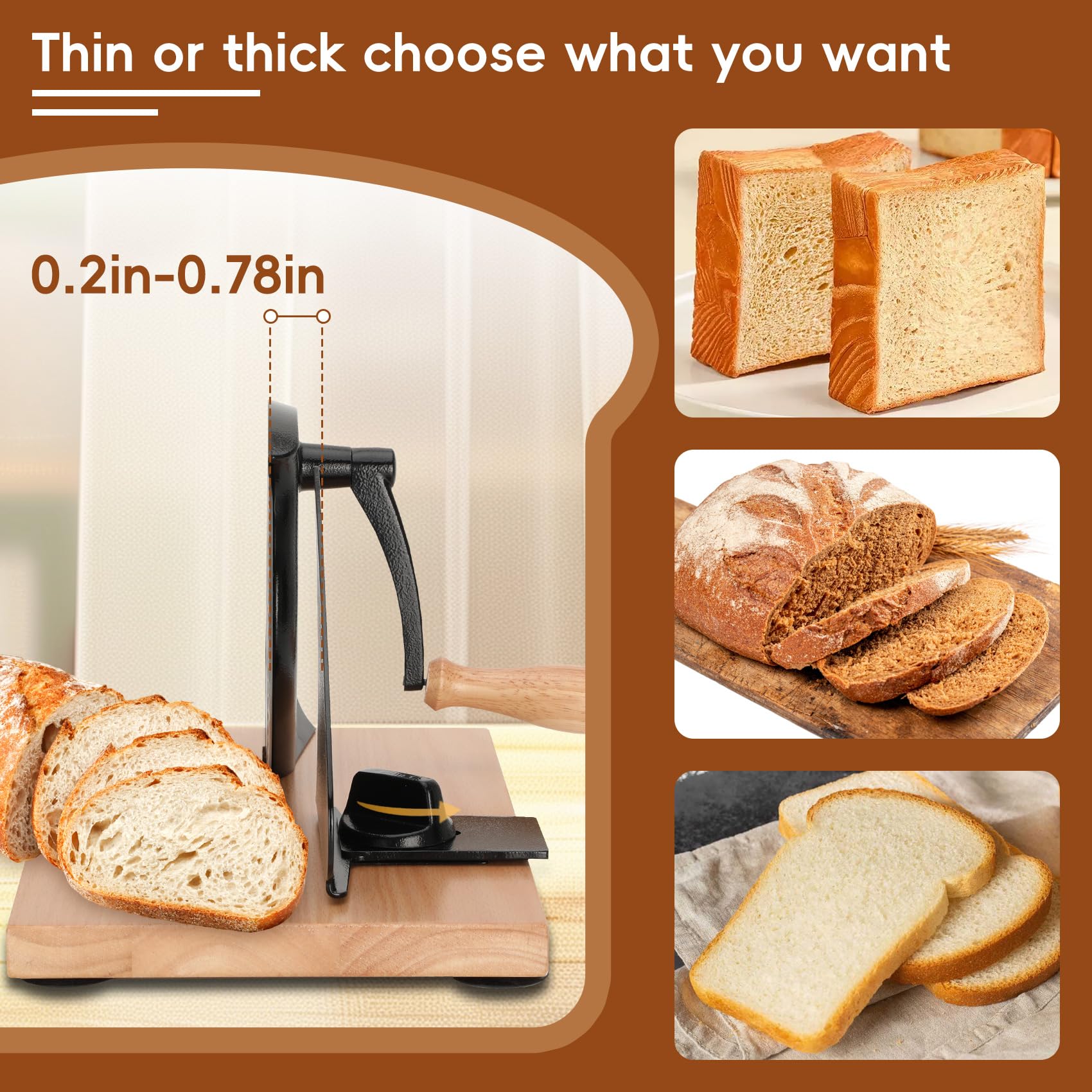 Adjustable Thickness Manual Bread Slicer with Hand Crank - Easy to Clean for Homemade Bread - Strong Suction Base for Stable Slicing - Perfect for Kitchens, Bakeries, and Home Baking Enthusiasts