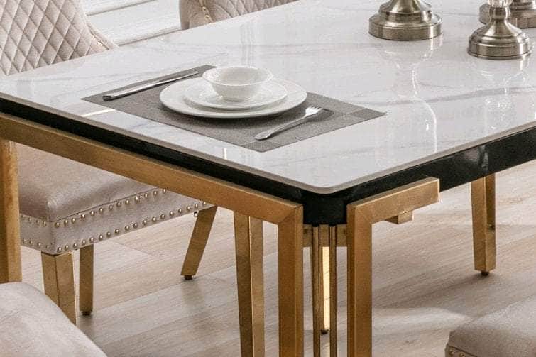 Wolfville 7-Piece Ceramic Marble Dining Table Set with Gold Stainless Steel Legs - Elegant Modern Kitchen & Dining Room Furniture for Family Gatherings & Dinner Parties