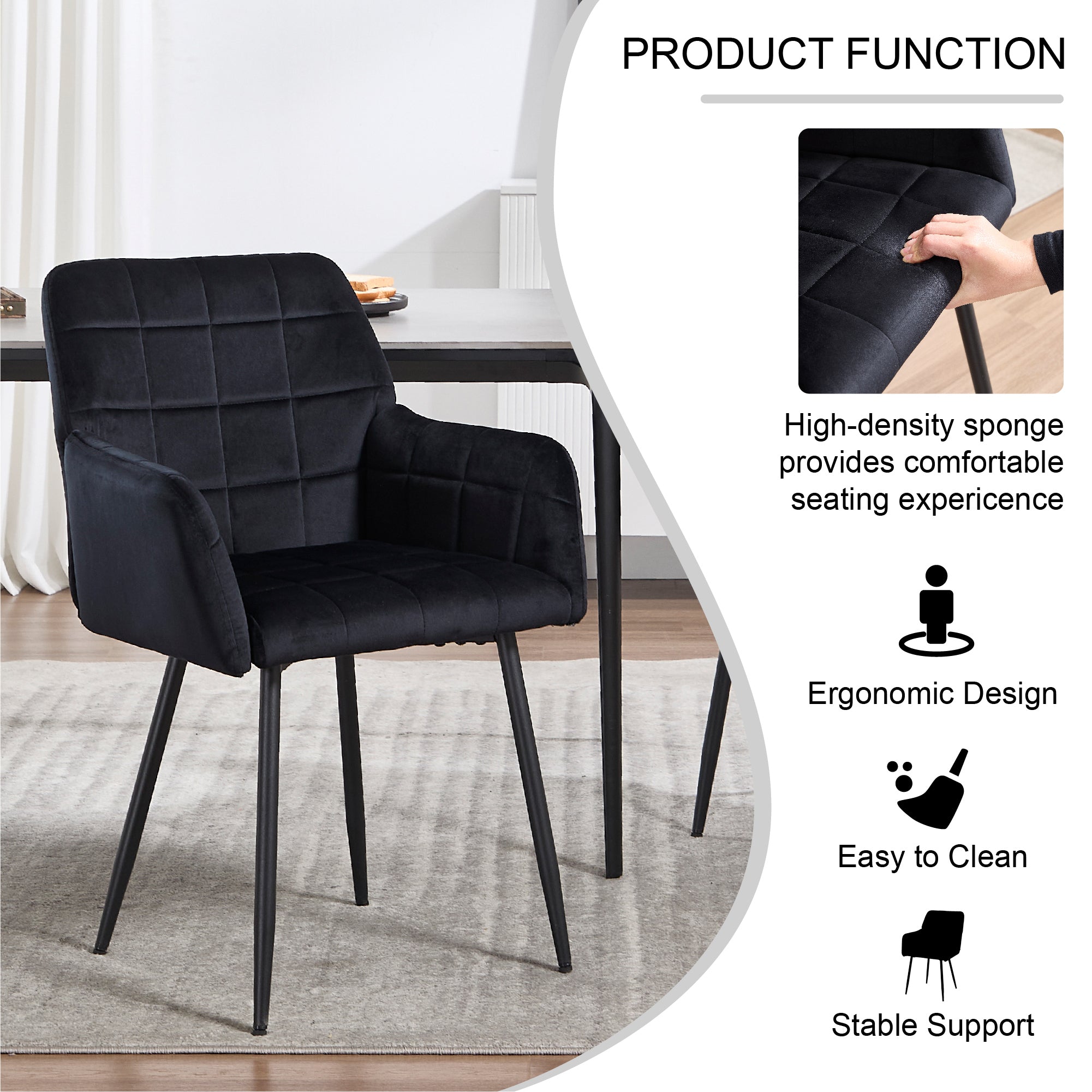 Velvet Upholstered Dining Chair with Armrests - Comfortable Seat, Easy to Assemble & Clean - Perfect for Kitchen, Dining Room & Living Room (Black, Set of 1)