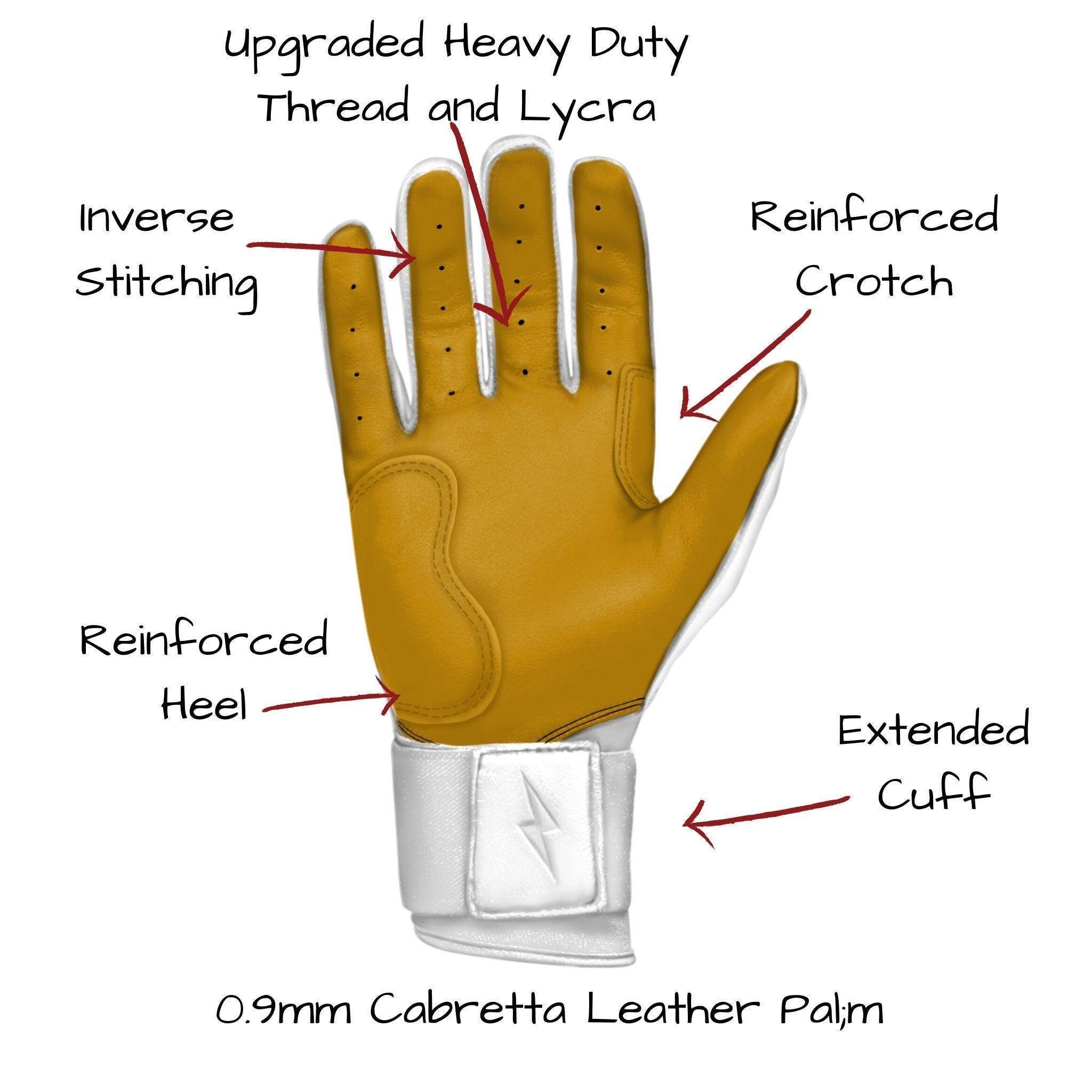 Bruce Bolt PREMIUM PRO Long Cuff Batting Gloves for Baseball & Softball - White - Durable & Comfortable for Hitting, Fielding & Training - Perfect for Players & Coaches
