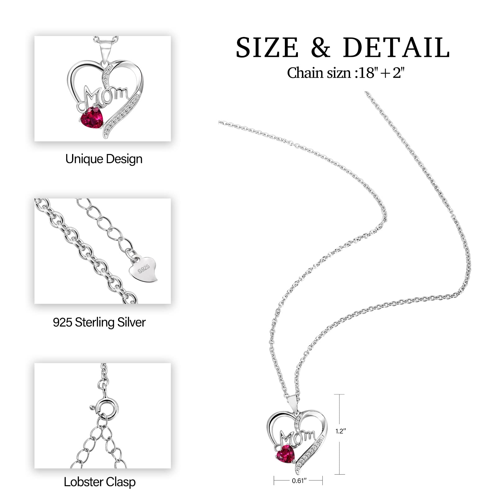 EAMTI 925 Sterling Silver Heart Necklace for Women - Ruby Heart Pendant Gift for Wife, Mom, Girlfriend - Perfect for Valentine's Day, Anniversary, Birthday & Mother's Day Gifts