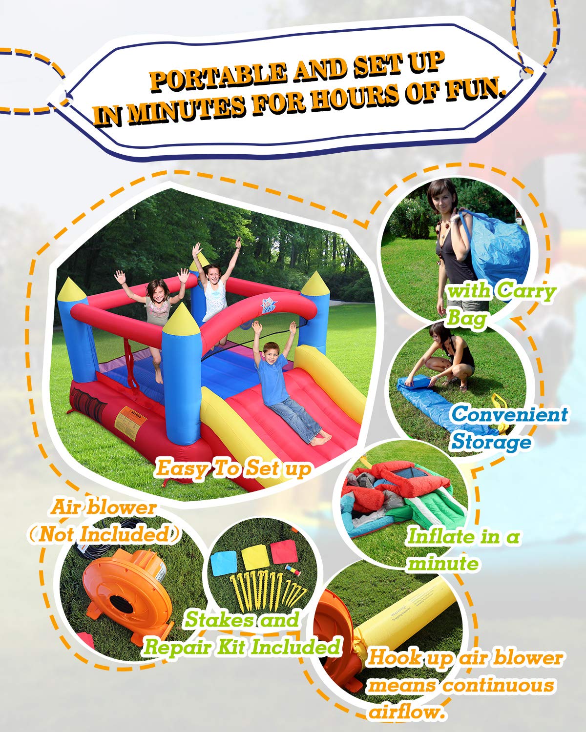 **Best ACTION AIR Bounce House - Heavy Duty Inflatable Bouncer for Kids (450W/0.6HP Blower Required) - Extra Thick Material for Outdoor Birthday Parties & Backyard Fun**