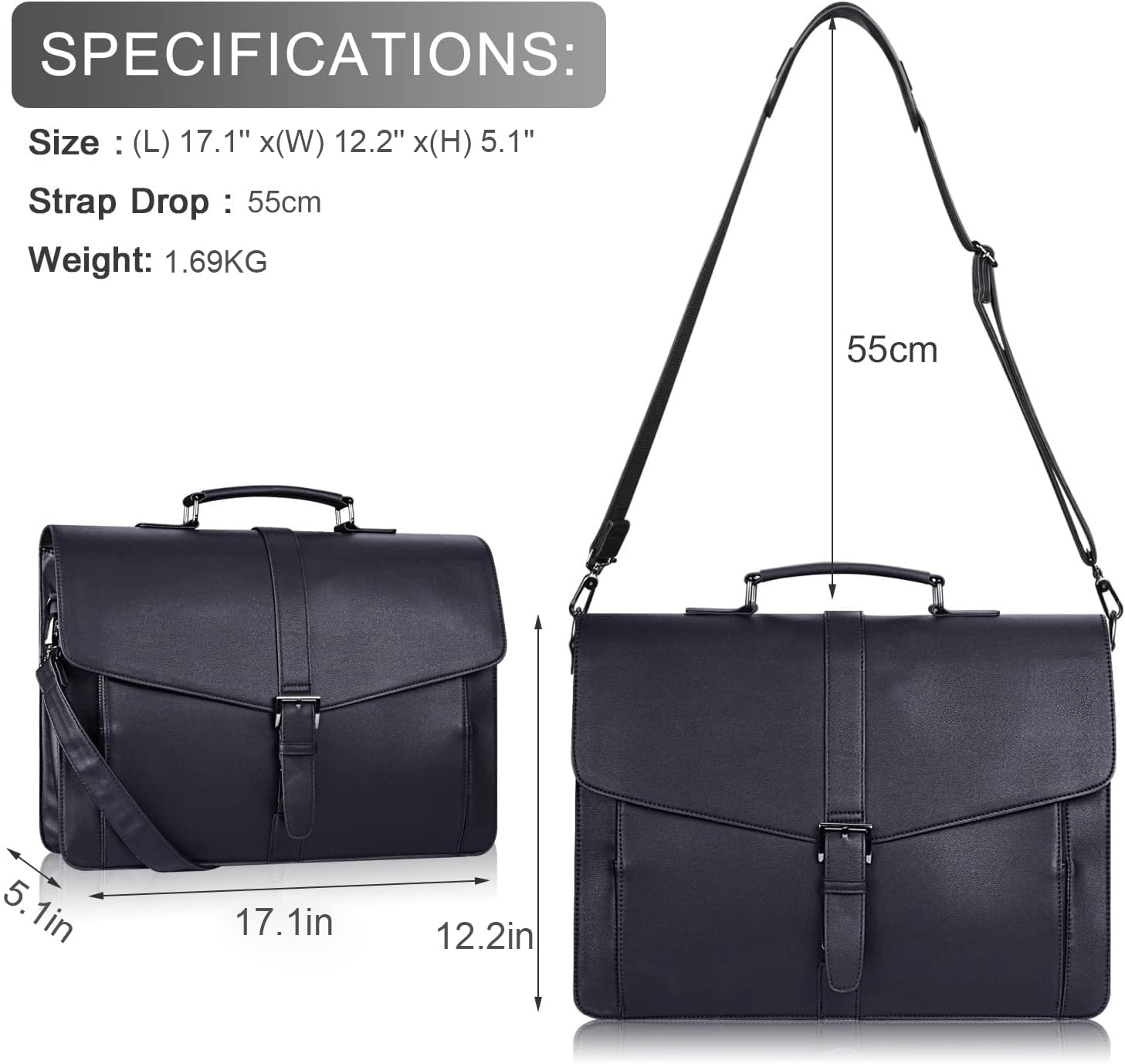ESTARER Genuine Leather Messenger Bag for Men - 17.3 Inch Laptop Briefcase, Professional Business Shoulder Bag for Office, Work & Travel - Durable Leather Satchel for MacBook, Documents & Accessories (Black) - Perfect for Business Meetings, Daily Commute & Business Trips
