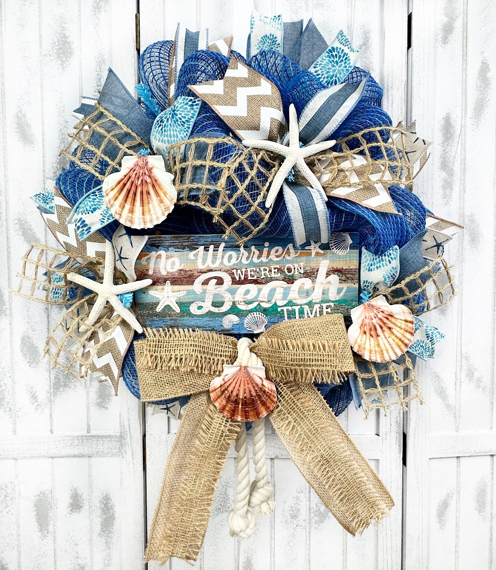 Handmade Blue Burlap Coastal Wreath with Nautical Rope, Starfish & Seashells - 'No Worries We're On Beach Time' Decor for Beach House, Porch or Tropical Home Décor