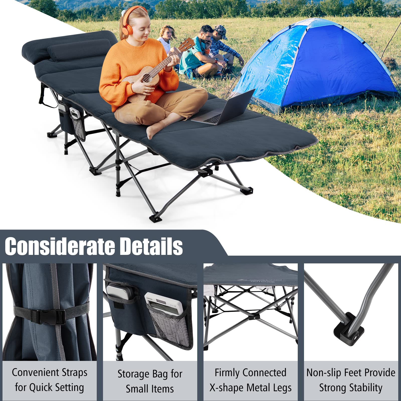 Goplus Heavy-Duty Folding Camping Cot with Mattress & Pillow - Portable Military Sleeping Cot for Adults & Kids, Includes Carry Bag & Storage Pocket - Perfect for Camping, Hiking, Home Office Naps & Outdoor Adventures (Blue)