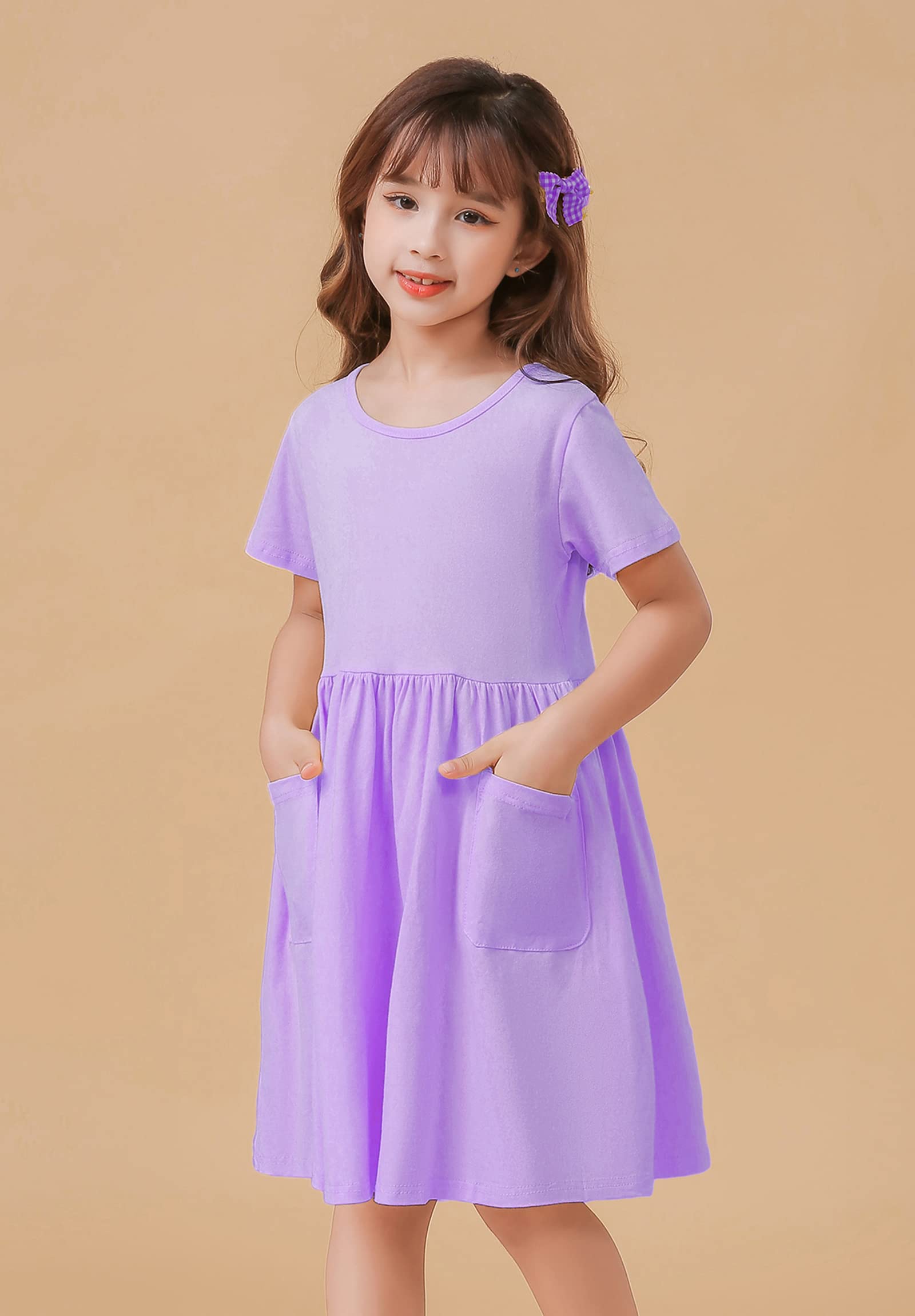 Girls Short Sleeve Solid Color A-Line Pleated Dress with Pockets - Casual Summer Dress for Kids, Playdates & Birthday Parties