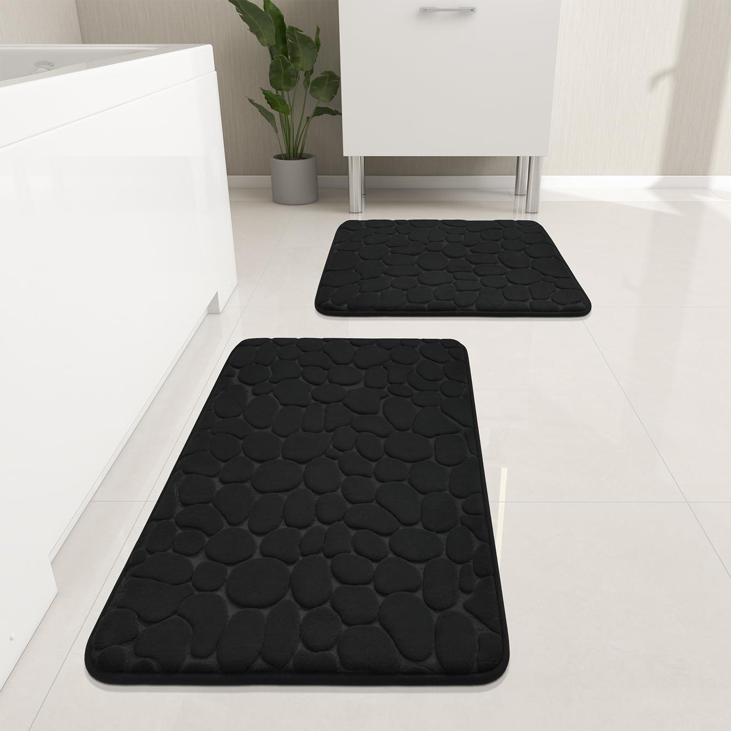 YIHOUSE 2-Piece Cobblestone Memory Foam Bathroom Rug Set - Extra Thick Non-Slip Bath Mats, Super Absorbent & Machine Washable - Soft Black Bath Rugs for Tub, Shower, Toilet & Floor - Perfect for Bathroom Safety and Comfort
