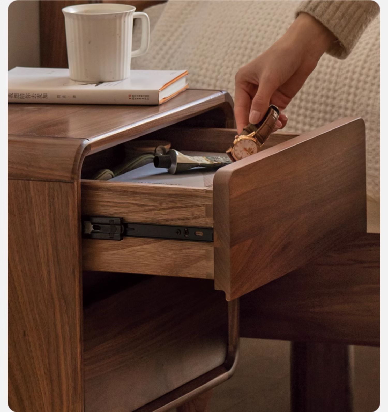 Black Walnut Solid Wood Minimalist Nightstand - Modern Bedside Table with Drawer for Bedroom, Living Room & Office - Durable & Stylish Storage Solution