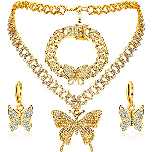Junkin 3-Piece Cuban Chain Jewelry Set for Women - Big Butterfly Pendant Necklace, Rhinestone Cuban Link Chain & Bling Charm Hoop Earrings - Perfect for Parties, Date Nights & Gifts