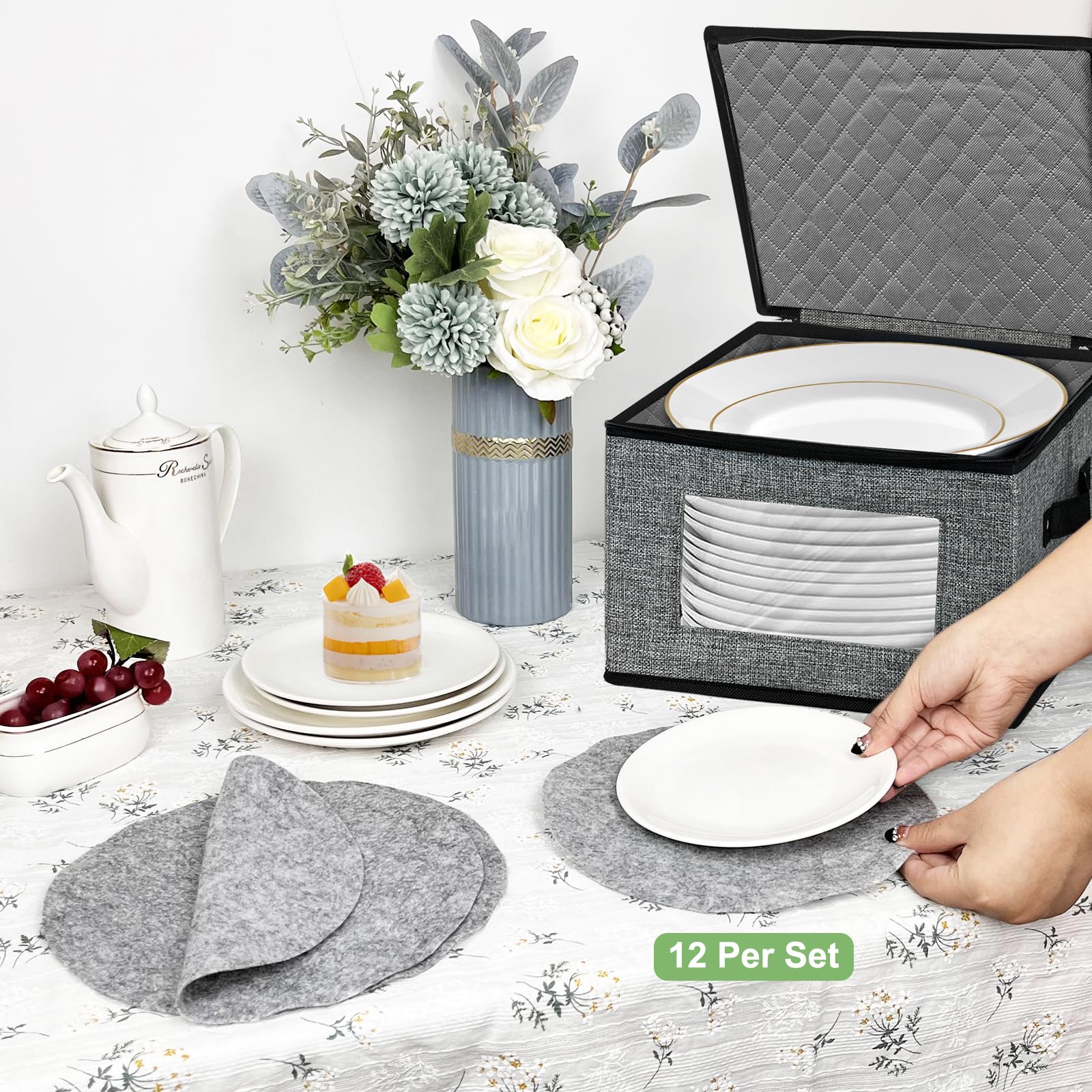 12 Inch Hard Shell Quilted Dinnerware Storage Box with Lids - Dish Plate Organizer for Kitchen, Moving & Home Organization - Dark Grey Storage Container for China, Dishes & Fragile Items