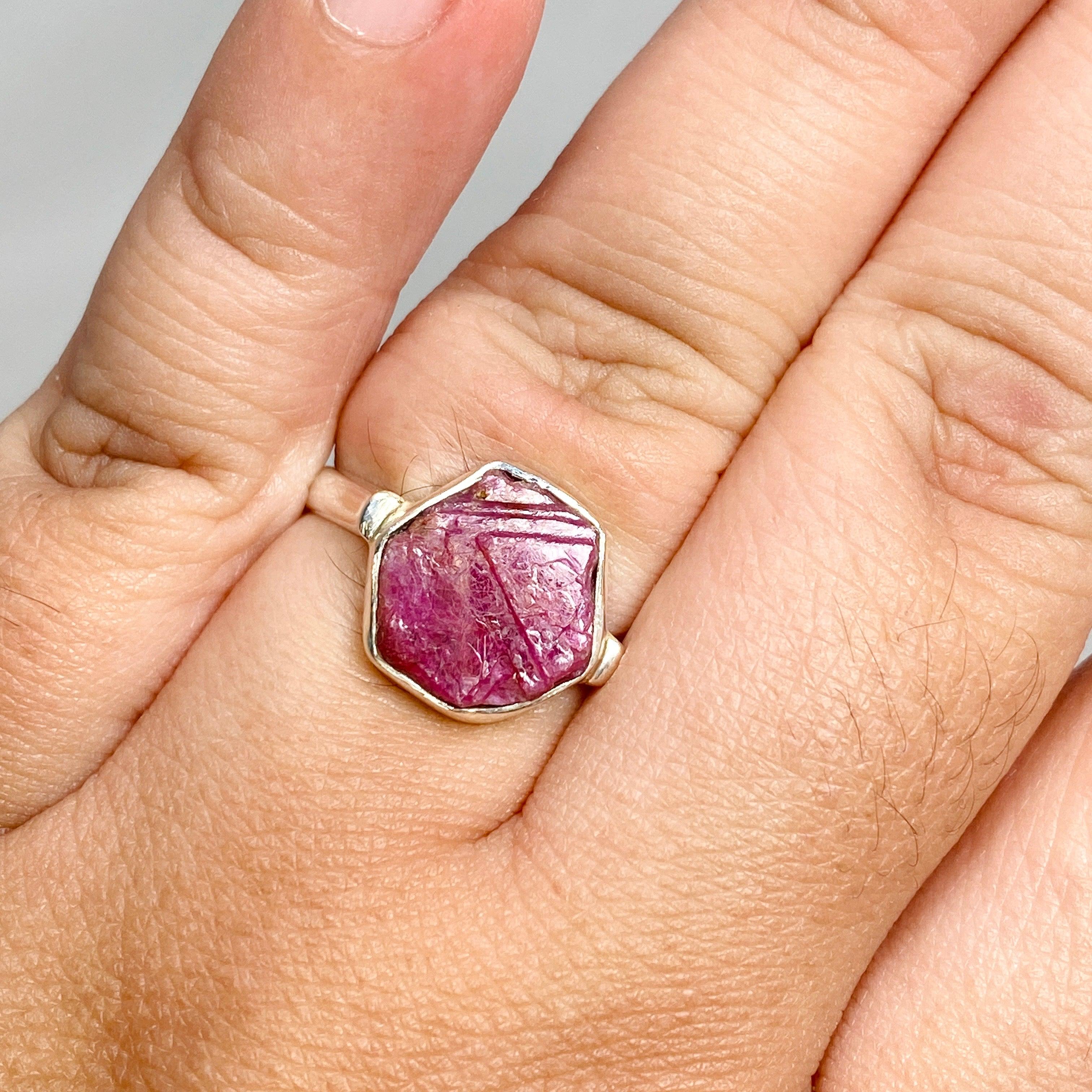 Natural Raw Ruby Hexagonal Fine Band Ring for Women - Elegant Minimalist Jewelry for Everyday Wear, Engagement, or Gift Giving