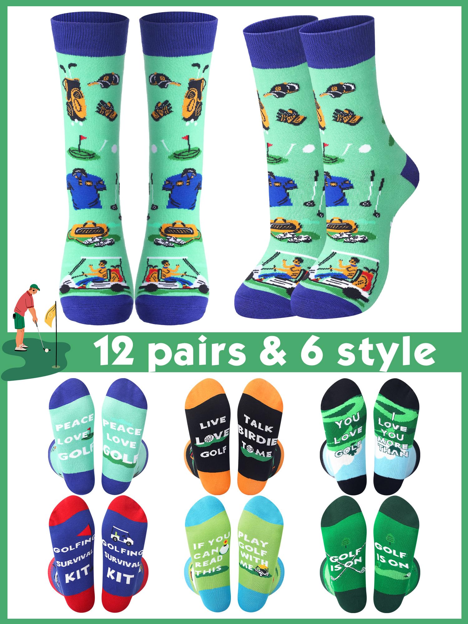 12 Pairs Funny Golf Socks for Men - Novelty Crew Socks with Golf Club Designs - Comfortable Cotton Socks Gift for Golfers & Team Players - Perfect for Golf Tournaments, Casual Wear & Sports Enthusiasts