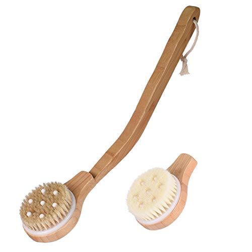 2-Piece Wooden Bath & Shower Brush Set with Long Handle - Exfoliating Dry Body Brush for Back Scrubbing & Skin Care | Perfect for Spa, Home Bathing & Exfoliation Routine