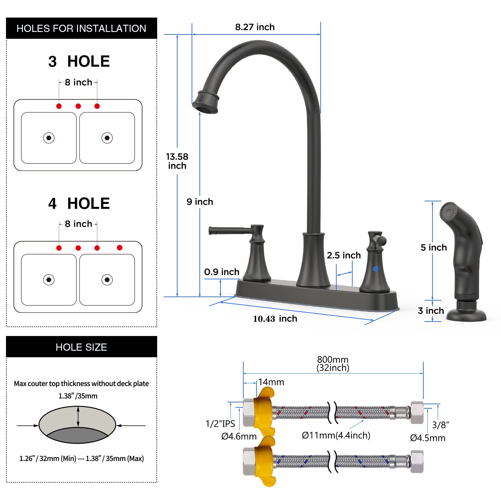 **Matte Black Kitchen Faucet with Side Sprayer - 2 Handle High Arc Stainless Steel Sink Faucet for RV, Camper, or Home Use - 8 Inch Centerset Faucet (3 or 4 Hole Installation) - Perfect for Small Spaces, Outdoor Kitchens & Mobile Living**