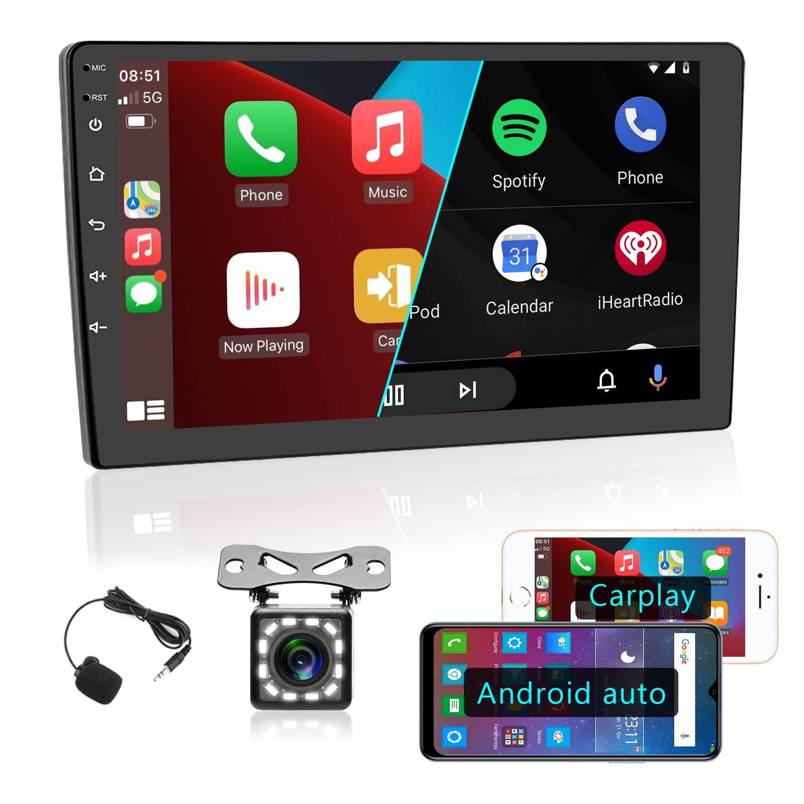 10.1 Inch Android Double Din Car Stereo with Wireless CarPlay & Android Auto - Touch Screen GPS Bluetooth FM WiFi MP5 Player for AHD Camera & External Mic - Perfect for Road Trips & Daily Commutes