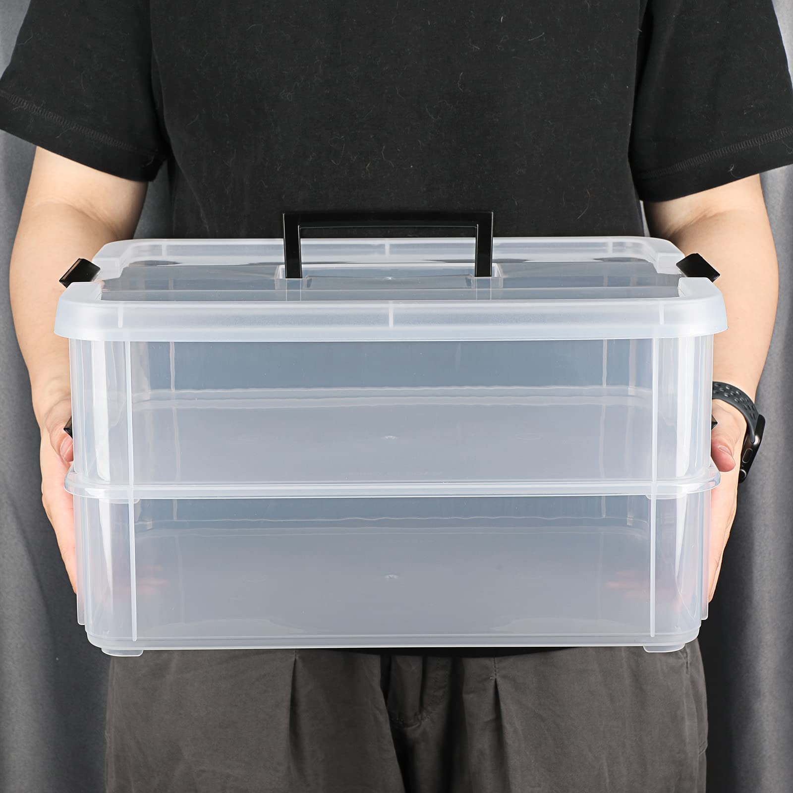 BTSKY 2-Layer Stackable Plastic Storage Box with Handle - Portable Organizer for Stationery, Crafts, Jewelry & Beauty Supplies | Perfect for Home, Office & Travel Organization (Black)