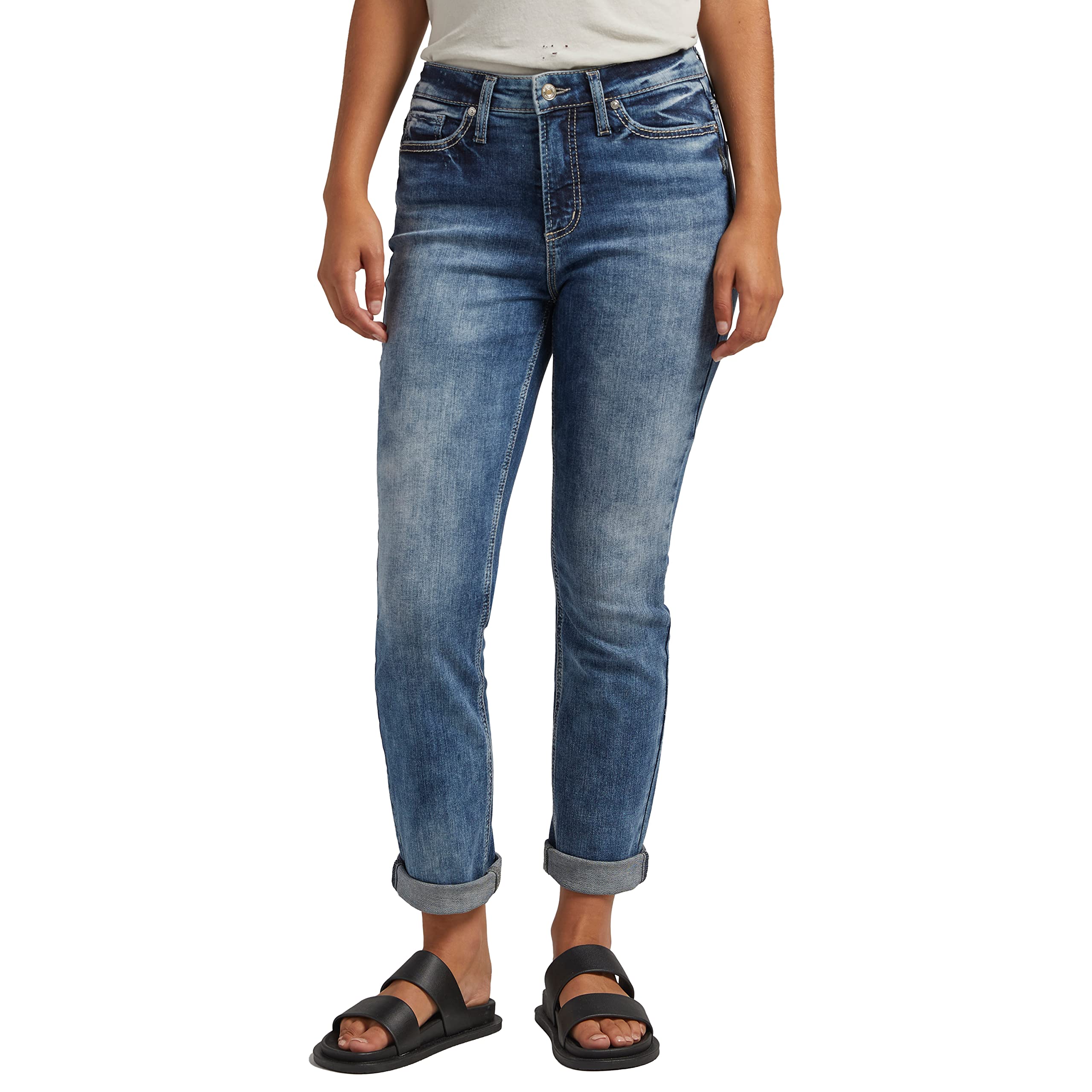 Silver Jeans Co. Women's Girlfriend Mid Rise Slim Leg Jeans - Comfortable Stretch Denim Pants for Casual Wear & Everyday Outfits