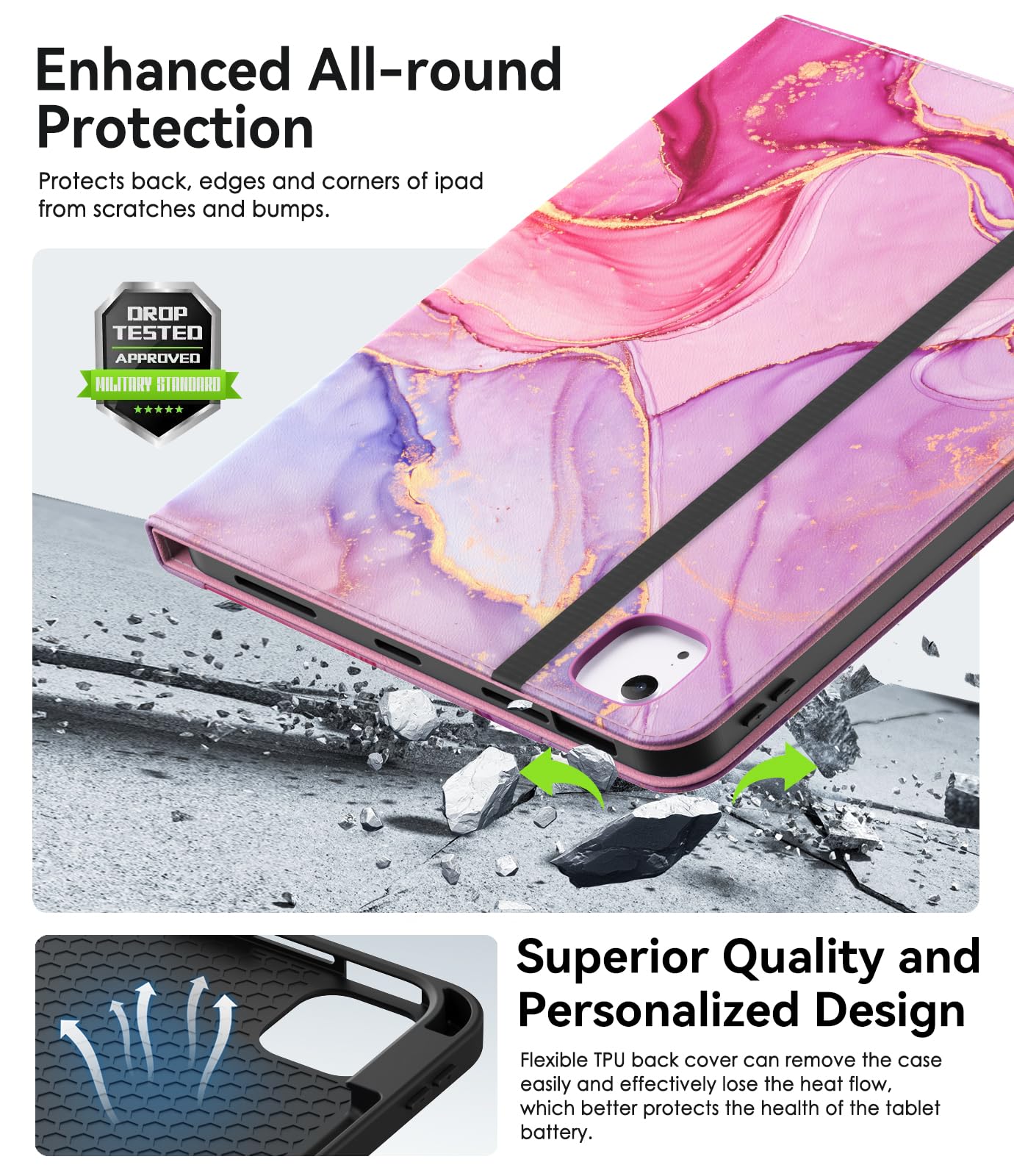 Premium Marble Pink iPad Case for iPad Air 5th/4th Gen & iPad Pro 11 inch - Slim Folio Cover with Apple Pencil Holder, Multi-Angle Stand, Auto Wake/Sleep | Perfect for Work, School & Travel Protection