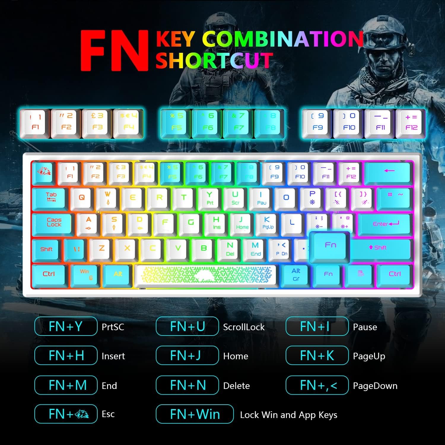 K61 60% Wired Mechanical Gaming Keyboard - UK Layout, RGB Backlit with 7 Lighting Effects, Waterproof, 19-Key Anti-Ghosting, White & Blue Keycaps for PC/MAC/Laptop - Perfect for Esports, Office Work & Typing