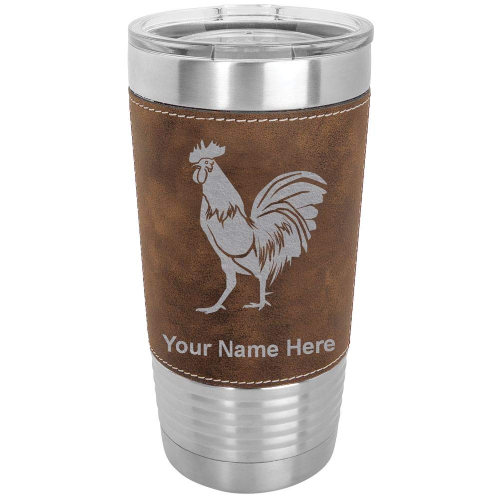 LaserGram 20oz Vacuum Insulated Stainless Steel Tumbler Mug with Personalized Engraving - Rooster Design, Faux Leather & Rustic Finish - Perfect for Coffee, Tea, or Cold Drinks at Home, Office, or Travel