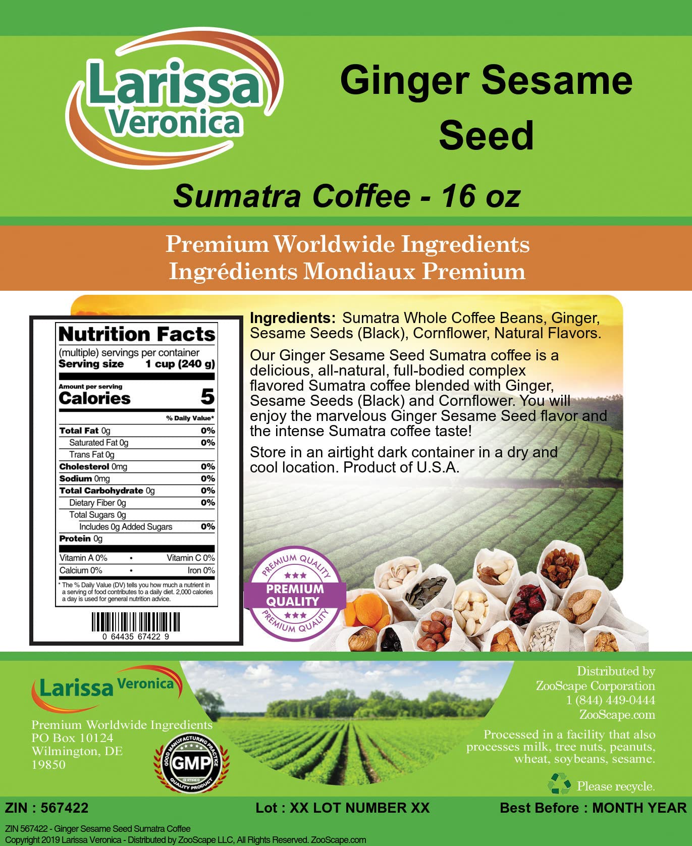 Premium Sumatra Coffee Beans with Ginger & Sesame Flavor - Gourmet Whole Bean Coffee, Naturally Flavored, 16oz (3-Pack) - Perfect for Morning Brew, Office Break & Gift Giving