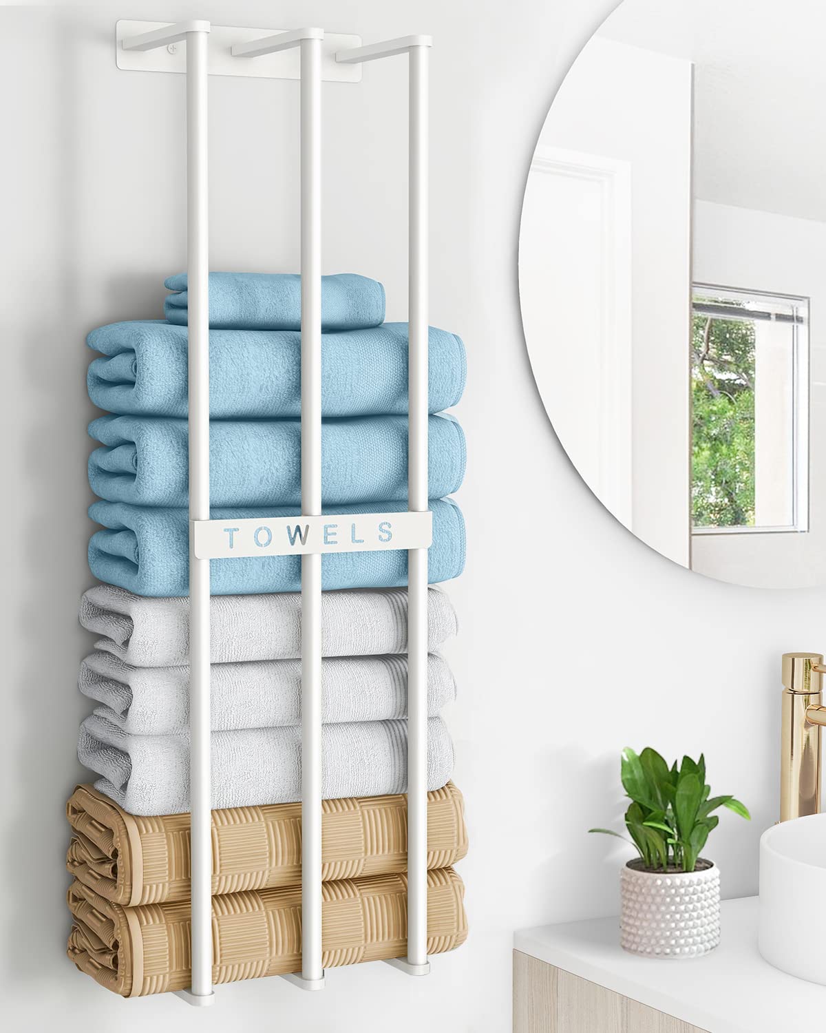 Bethom Wall Mounted Bathroom Towel Holder - Space Saving Towel Rack for Rolled Towels & Washcloths, White - Perfect for Small Bathrooms & Compact Spaces