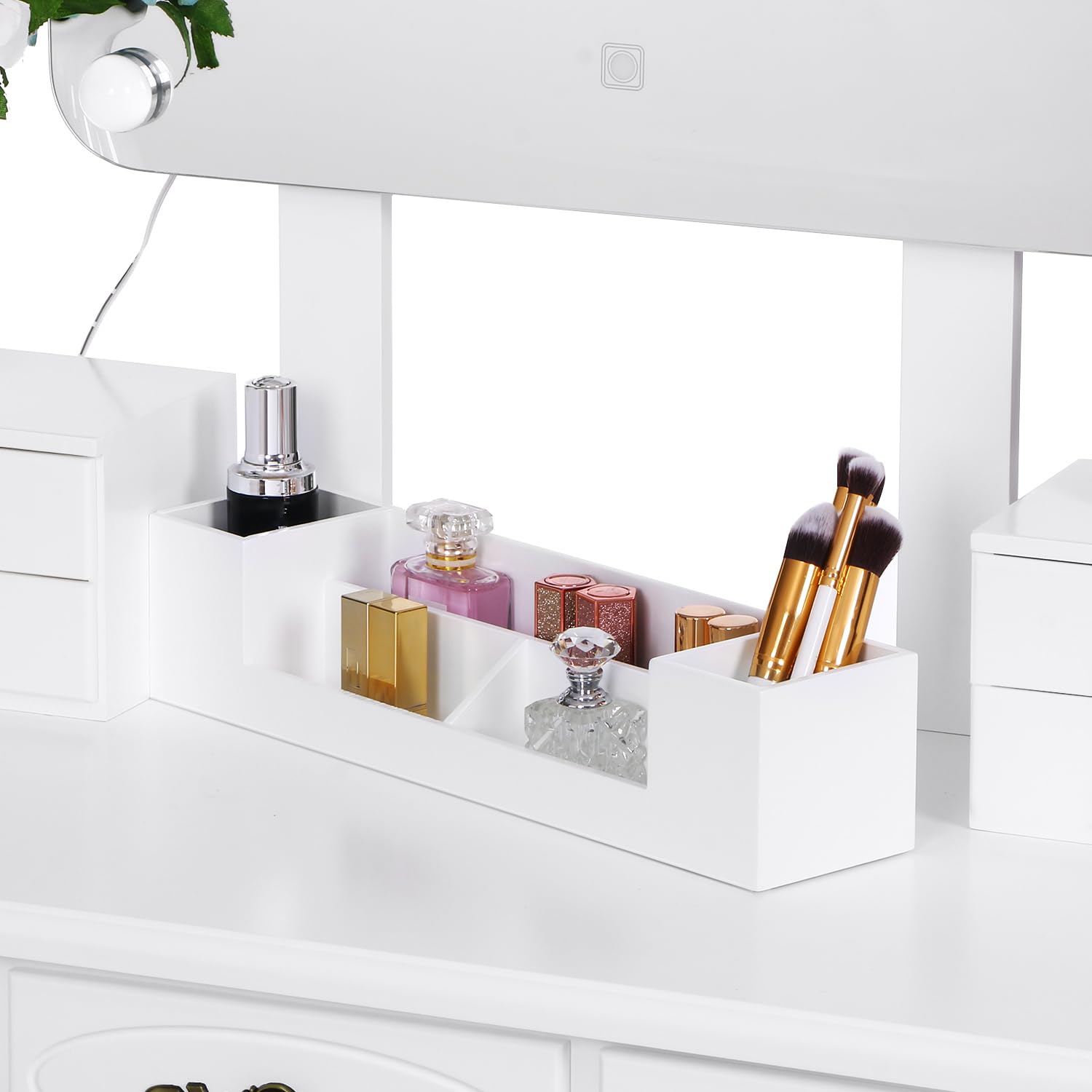 BEWISHOME White Vanity Desk with Mirror and LED Lights - Makeup Vanity Set with 8 Adjustable Bulbs, 3 Color Modes, 7 Drawers & Stool - Modern Dressing Table for Bedroom, Bathroom or Salon (Model FST13W)