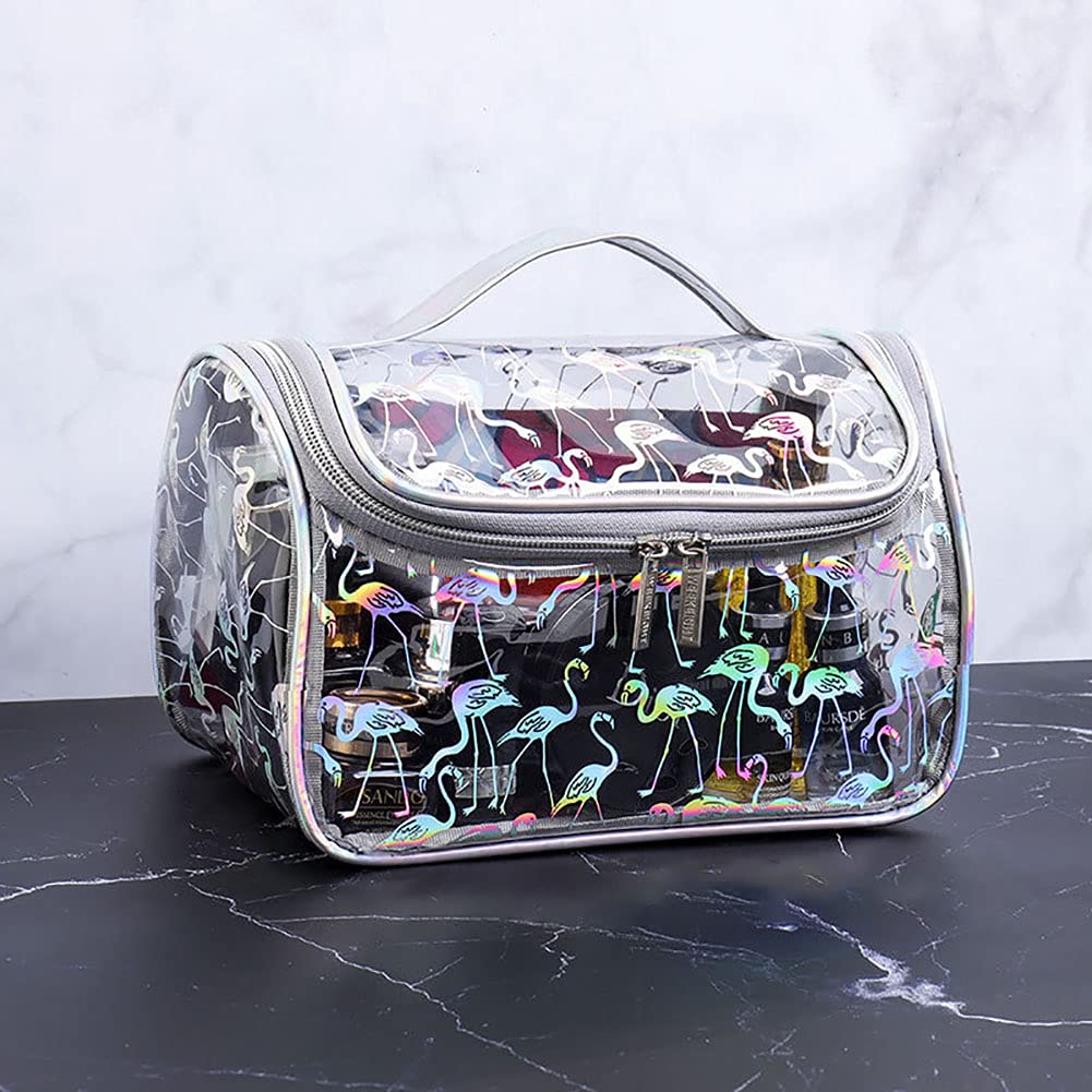 UCARE Clear Makeup Bag - Waterproof Transparent Travel Cosmetic Organizer with Handle, PVC Zippered Toiletry Pouch for Women (8.6”x5.5”x5.9”) - Perfect for Vacation, Gym, Air Travel & Daily Essentials Storage (Flamingo Design)