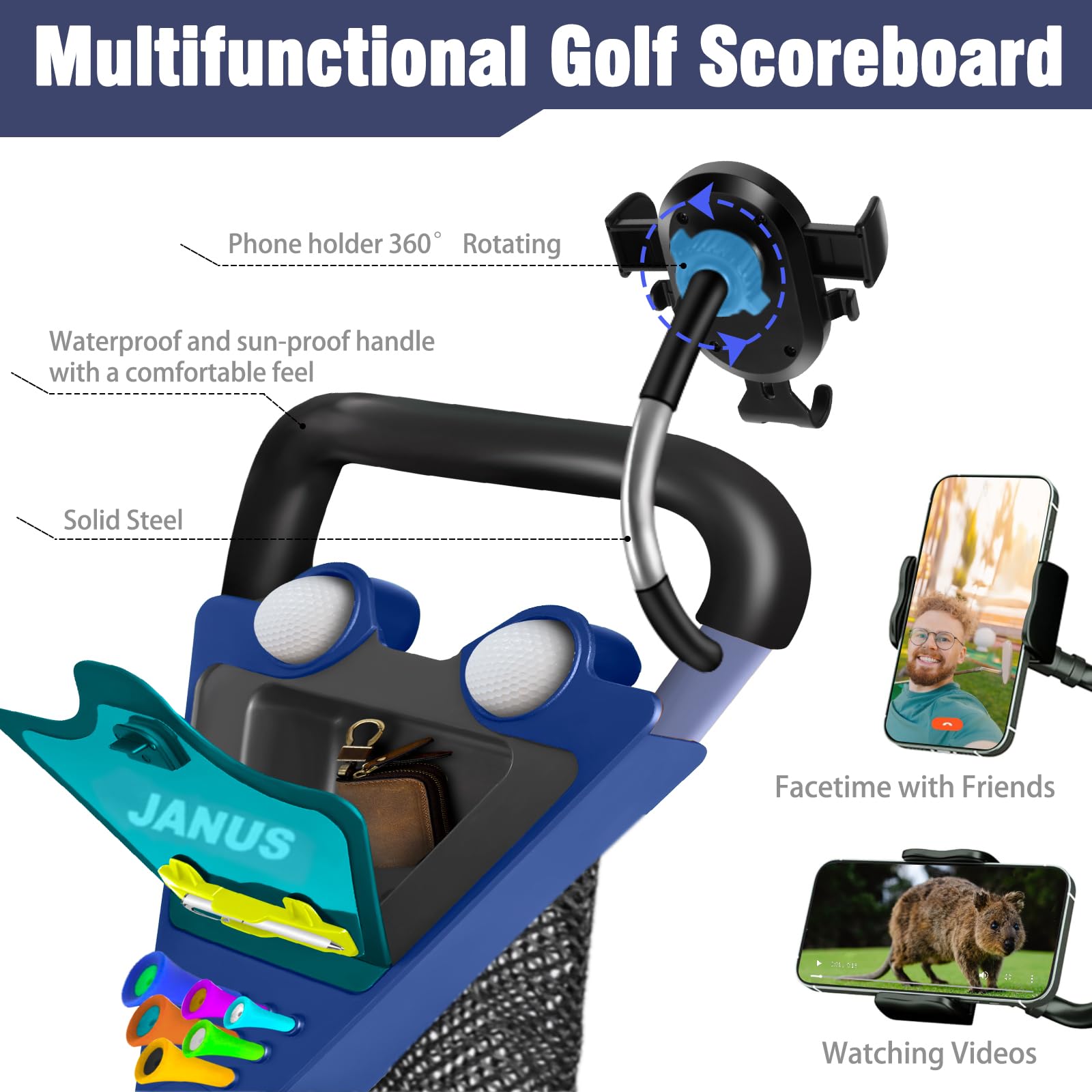 JANUS 3-Wheel Foldable Golf Push Cart with Gooseneck Phone Holder - Lightweight Golf Bag Pull Cart for Easy Transport | Perfect for Golf Courses, Driving Ranges & Outdoor Practice