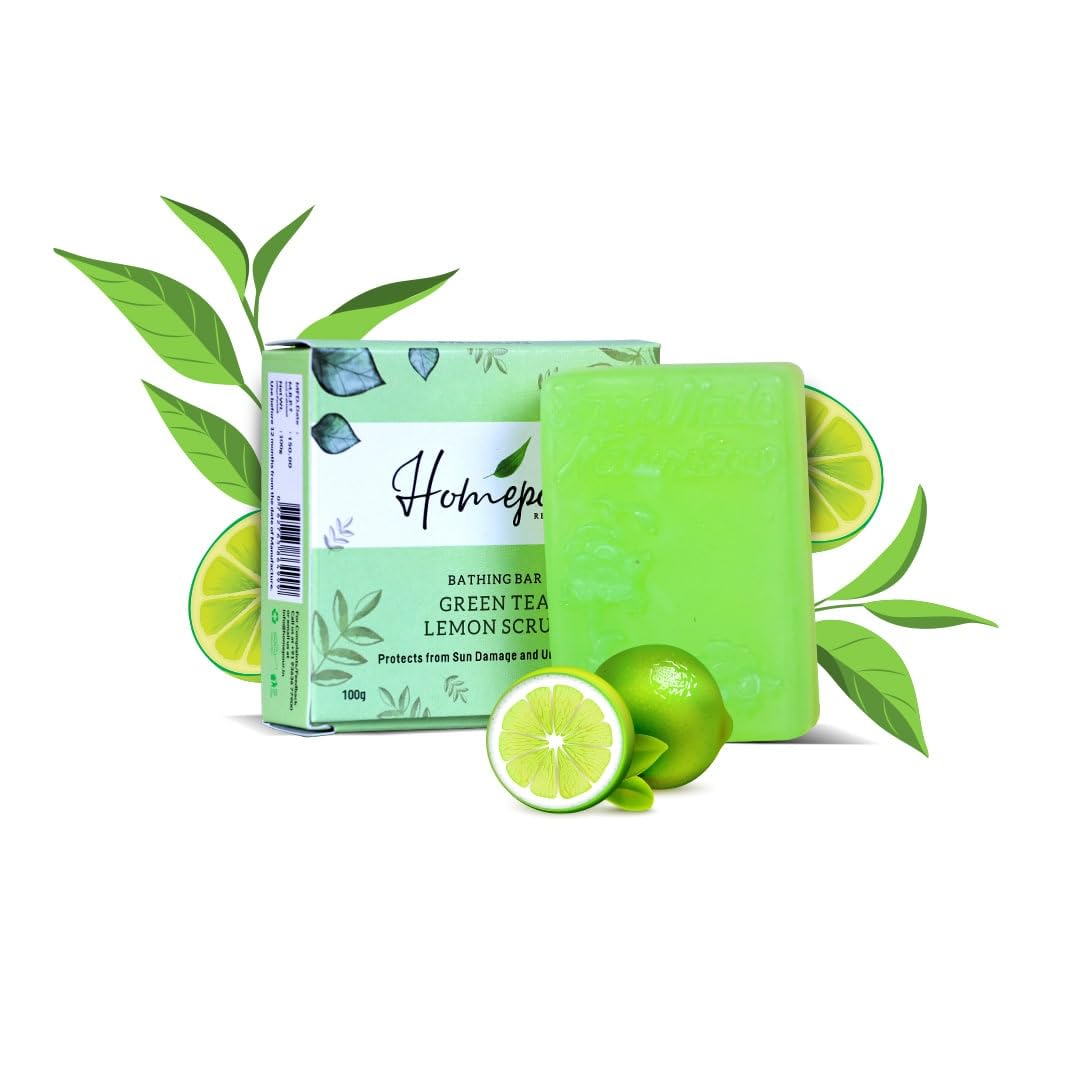 Green Tea & Lemon Handmade Scrub Soap - Natural Exfoliating & Pore Cleansing, Sun Protection, 100g - Perfect for Daily Skincare & Spa Day at Home