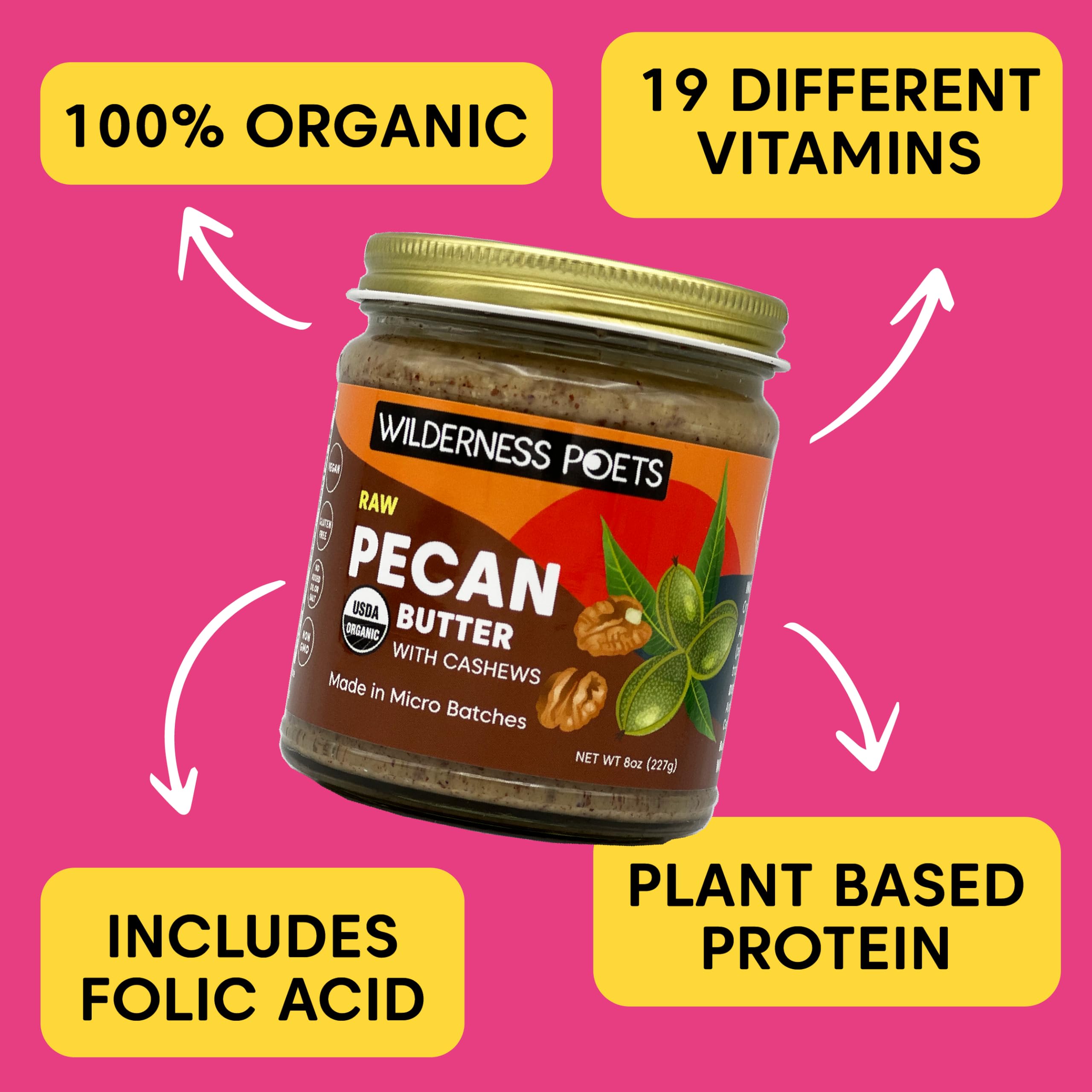 Organic Raw Pecan Butter in Bulk - 64oz (4lb) Half Gallon Glass Jar - Wilderness Poets - Perfect for Smoothies, Baking & Healthy Snacks