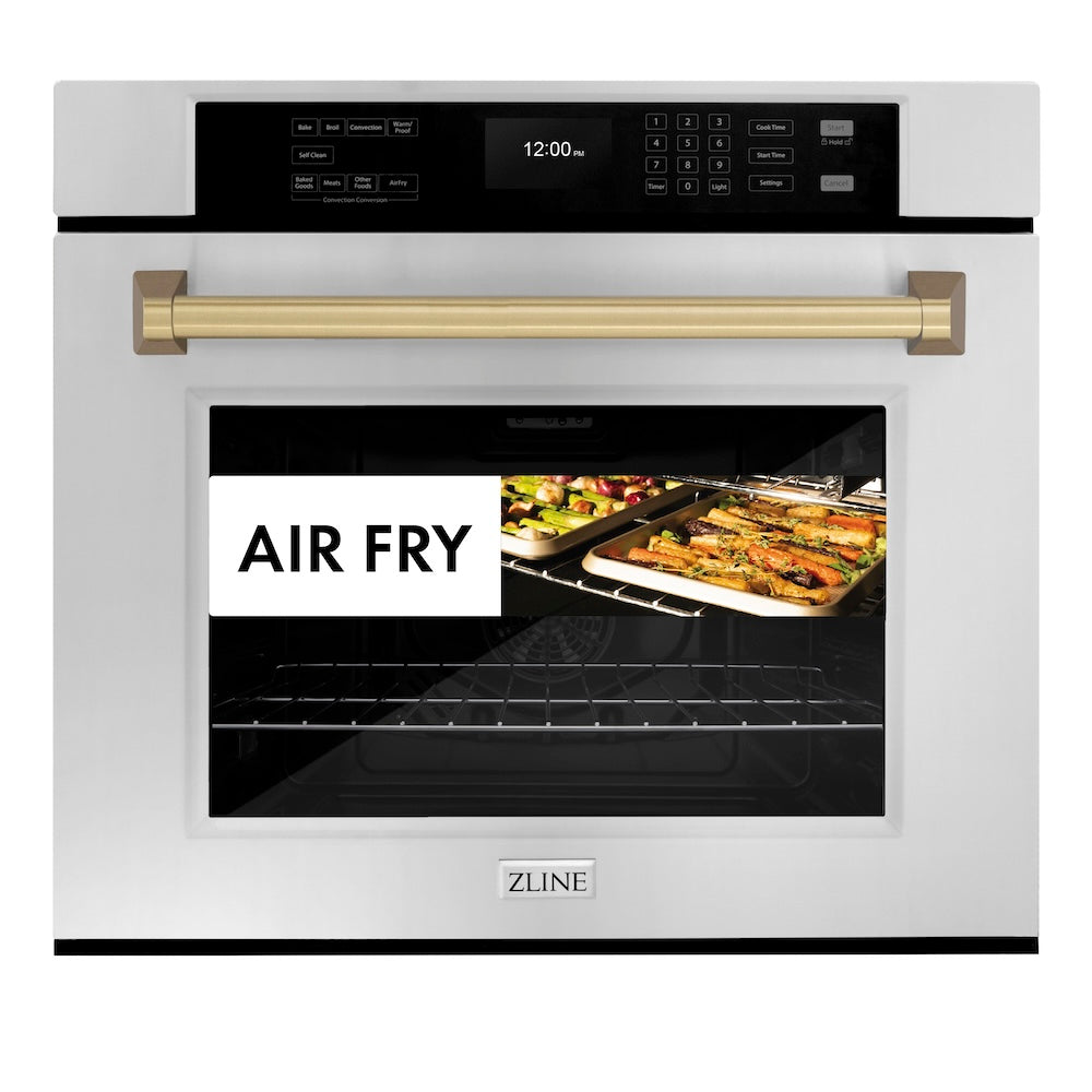 ZLINE Autograph Edition 30 Inch Stainless Steel Professional True Convection Wall Oven with Air Fry & Self-Clean - Champagne Bronze Handle (WASZ 30 CB) | Perfect for Home Chefs & Modern Kitchens