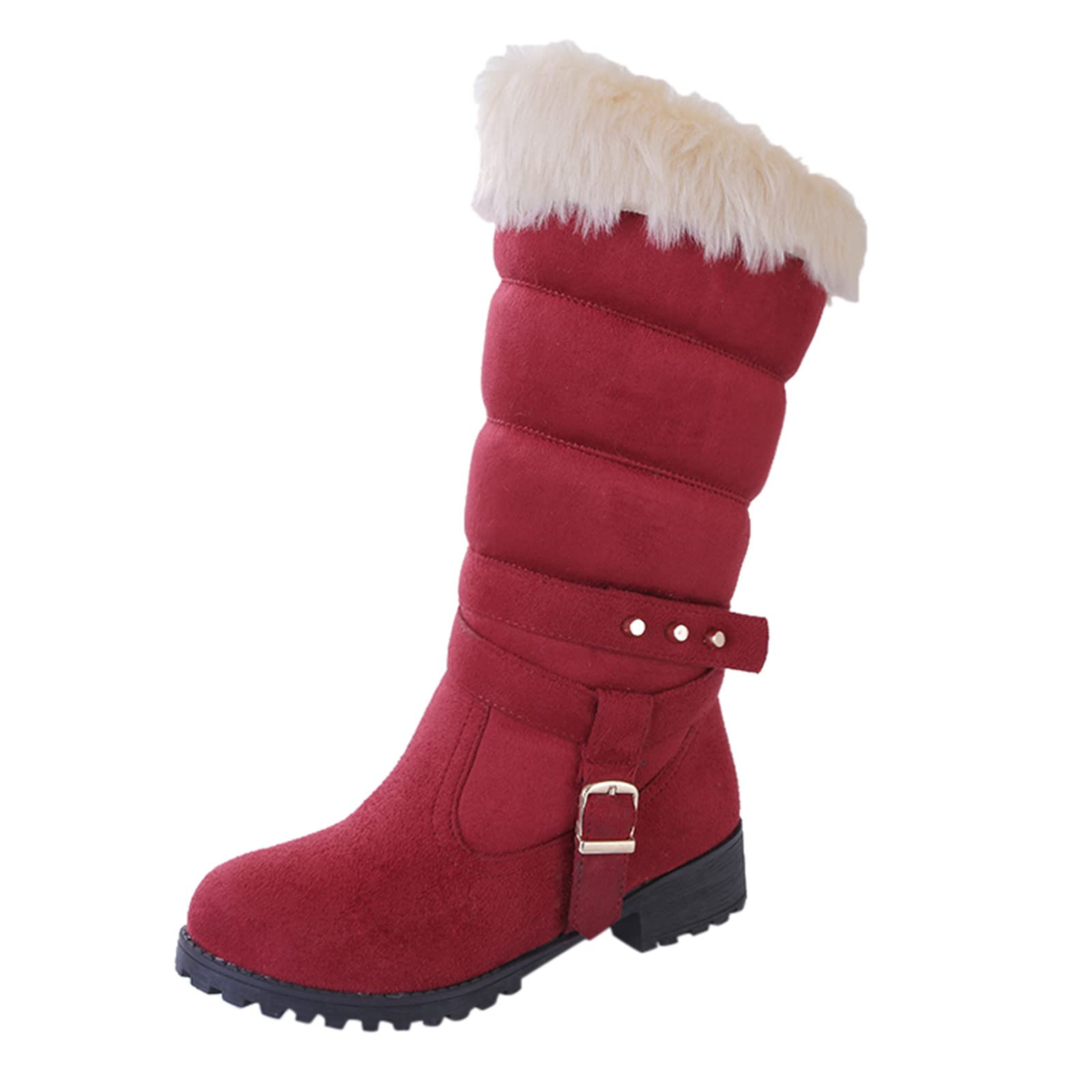Women's Cowboy Style Wide Snow Boots - Suede Winter Boots with Belt Heel Buckle, Warm Mid-Calf Thick Snow Boots for Women - Perfect for Winter Hiking, Snowy Days & Western Fashion Outfits