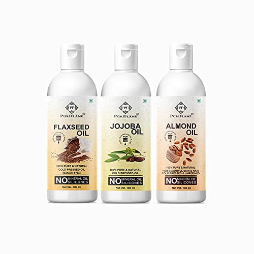 PuriFlame 100% Pure Flaxseed Oil, Jojoba Oil & Almond Oil Combo Set (3 x 100ml) - Natural Hair Growth Treatment for Stronger, Shinier Hair | Reduces Hair Fall & Split Ends | Perfect for Daily Hair Care & Scalp Massage