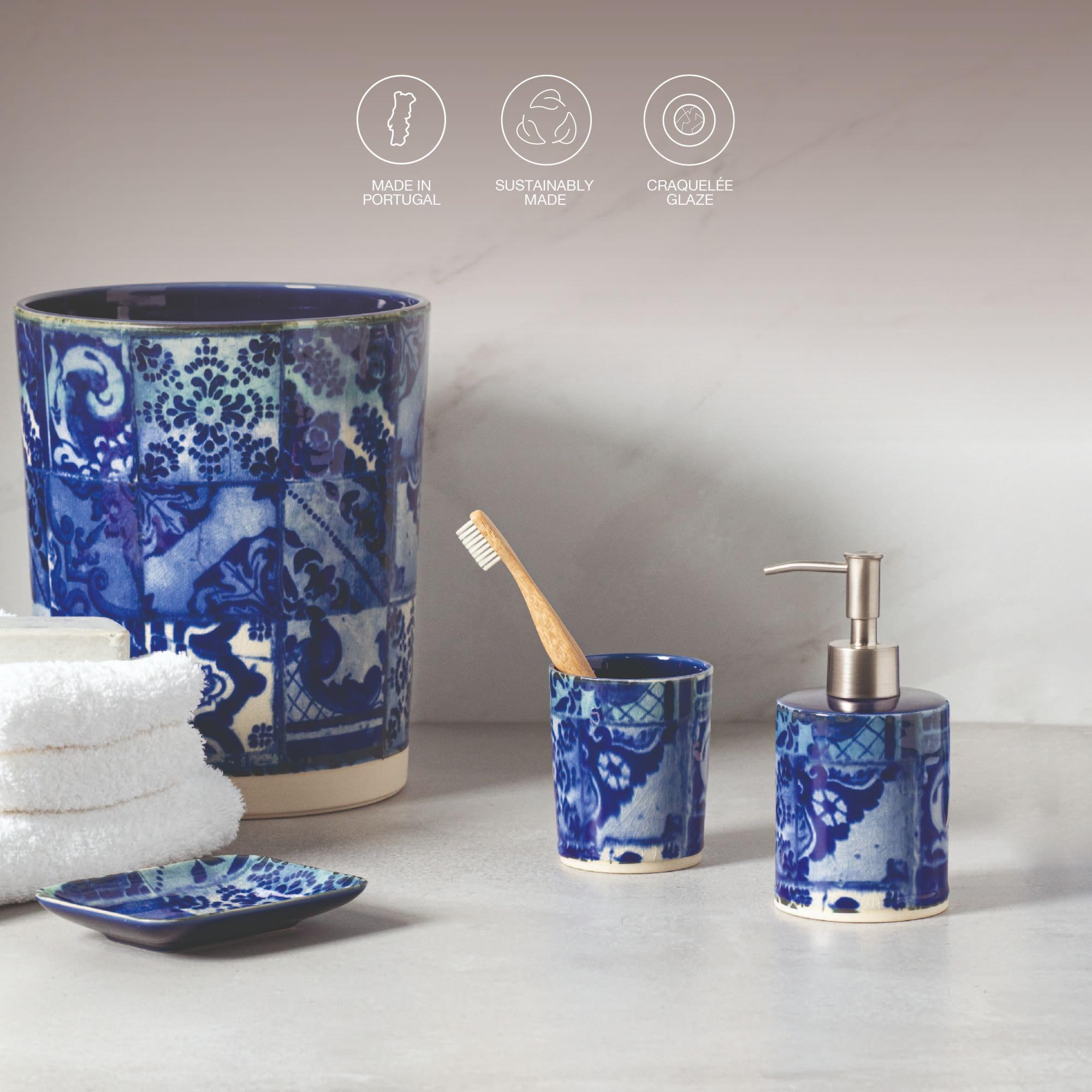 Premium Stoneware Ceramic Toothbrush Cup & Tumbler - Lisboa Collection Aglio Design | 8oz Bathroom Organizer with 3