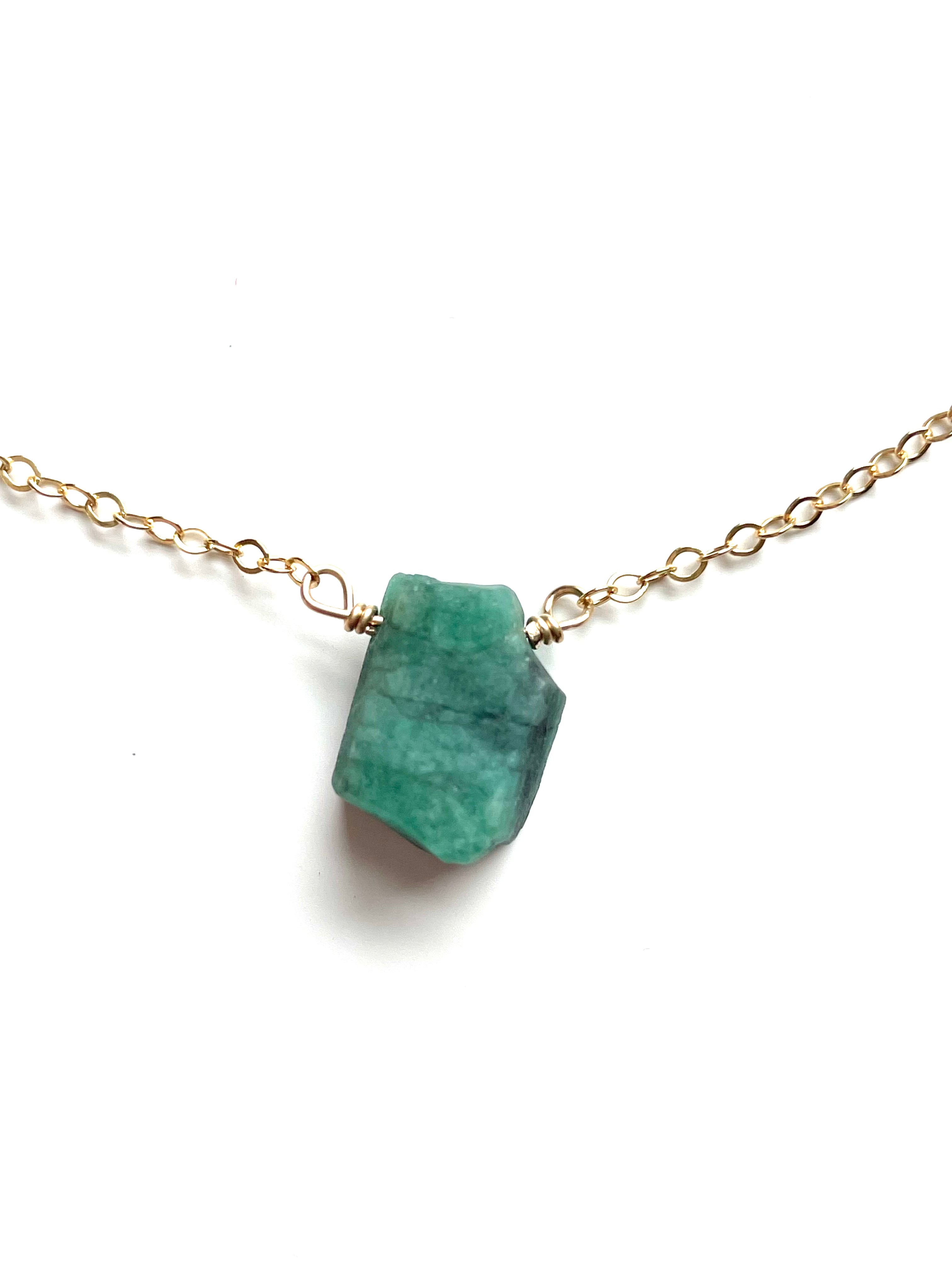 Natural Raw Emerald Pendant Necklace - 14K Gold Filled or 925 Sterling Silver Chain - Boho Chic Jewelry for Women, Gift for Her, Birthday & Anniversary Present