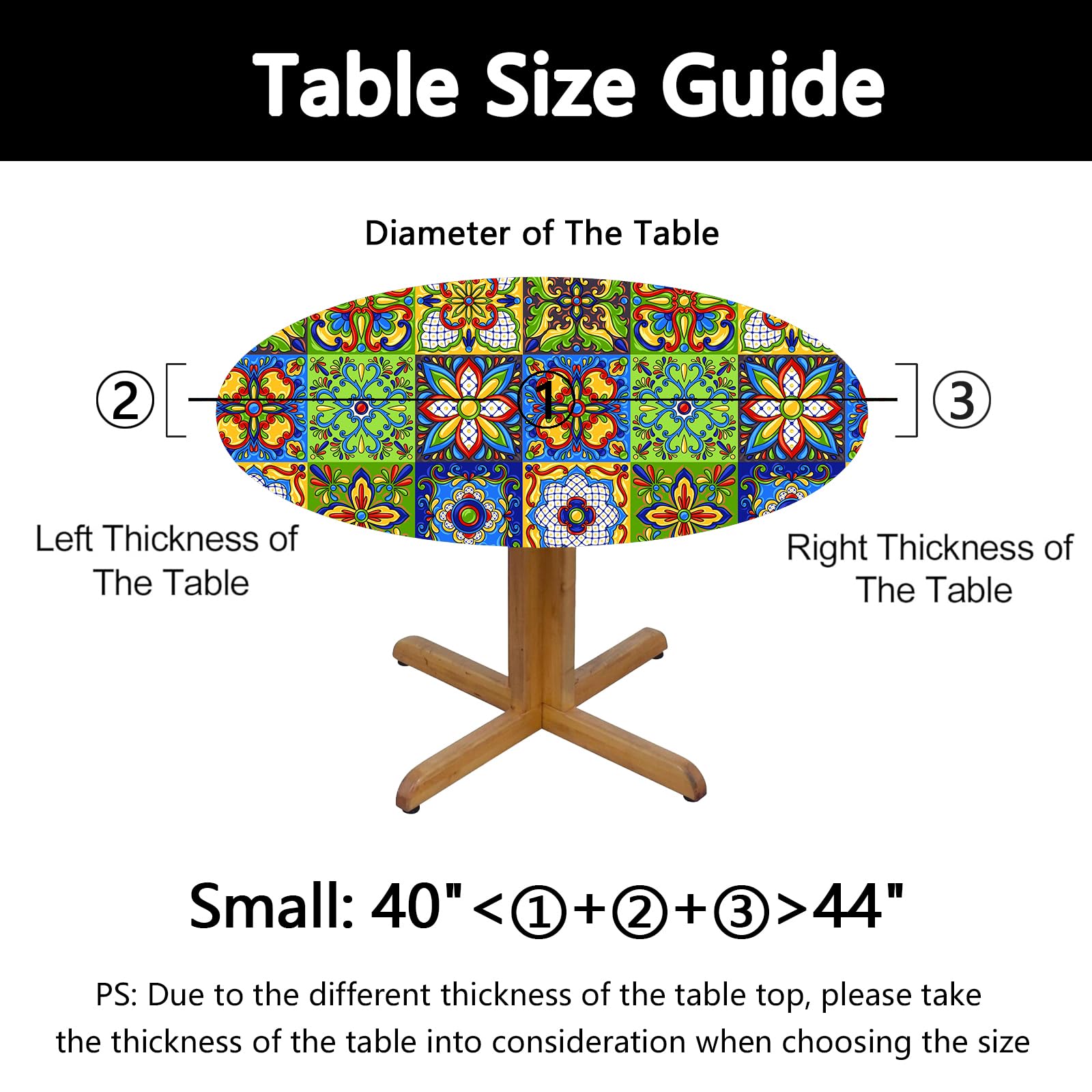 WOAIDY Mexican Talavera Elastic Edged Fitted Round Tablecloth - Decorative Stretch Table Cover for 40