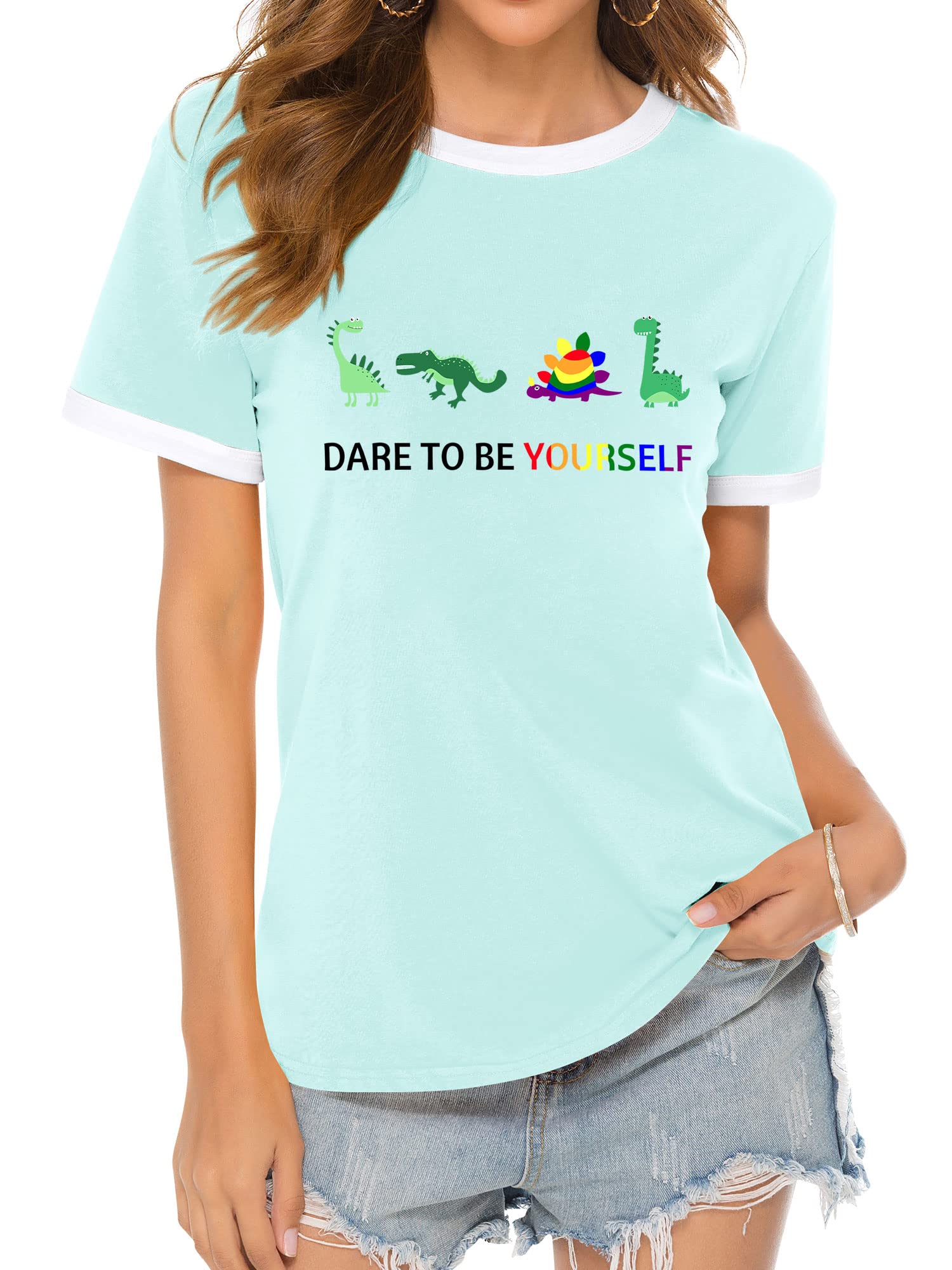 **Women's Cute Dinosaur Graphic T-Shirt - Funny Colorful Cartoon Dino Tee, Crew Neck Casual Top for Everyday Wear & Dinosaur Lovers**    *Perfect for casual outings, themed parties, or as a fun gift for dino enthusiasts!*