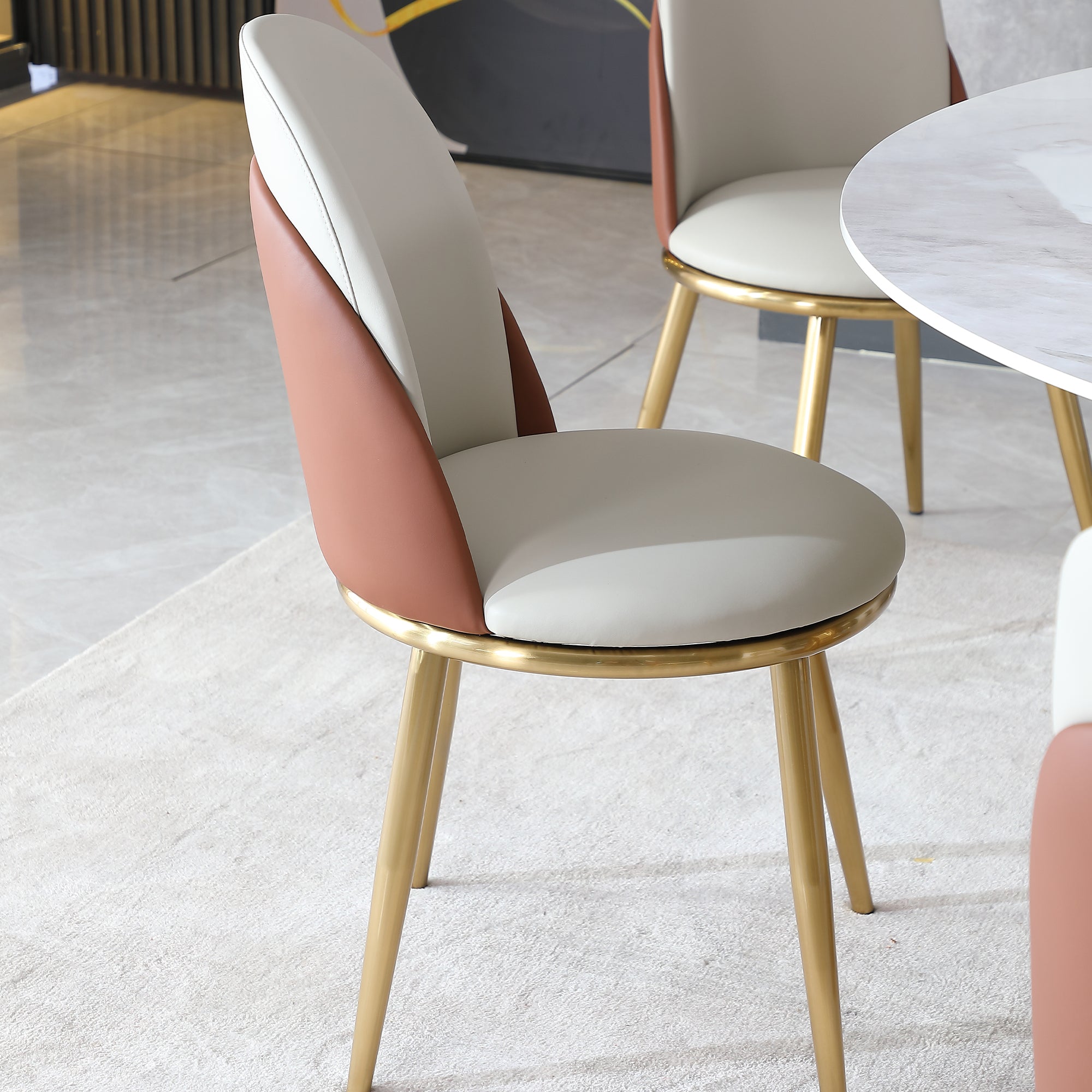 Modern PU Leather Dining Chairs Set of 2 with Gold Metal Legs - Beige Kitchen & Dining Room Furniture for Home, Restaurant, and Office Use
