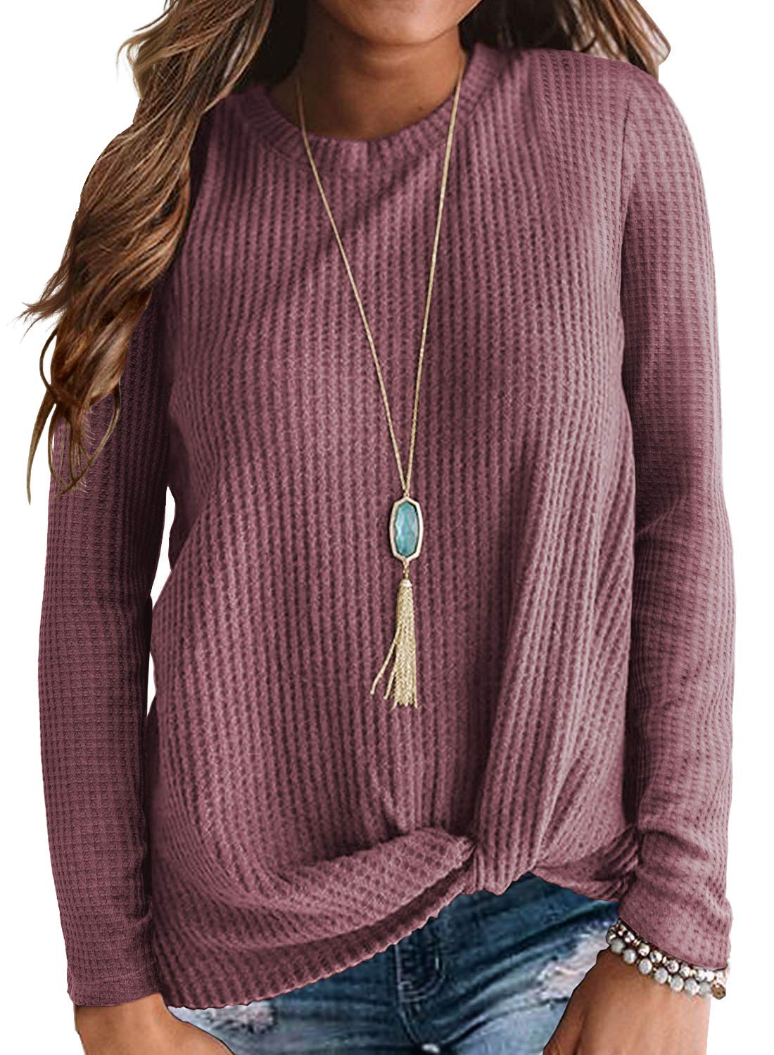 Women's Casual Long Sleeve Twist Knot Waffle Knit Shirt - Loose Blouse Top for Women | Cute & Comfortable Fall Fashion | Perfect for Work, Date Night & Weekend Outfits