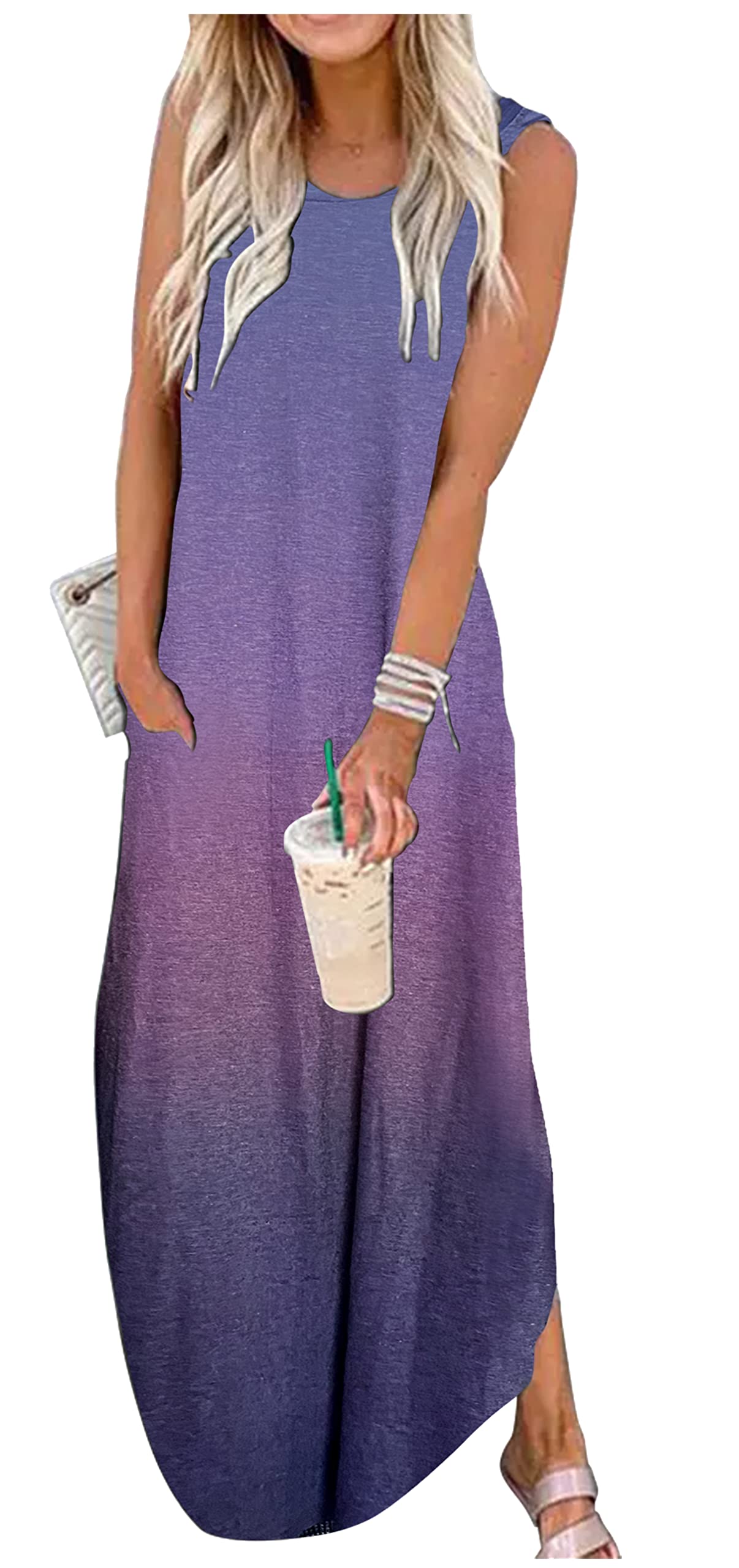 Women's Rainbow Graphics Summer Sleeveless Maxi Dress with Pockets - Hawaiian Beach Tank Dress & Casual Shirt Dress for Vacation, Pool Party & Summer Outings