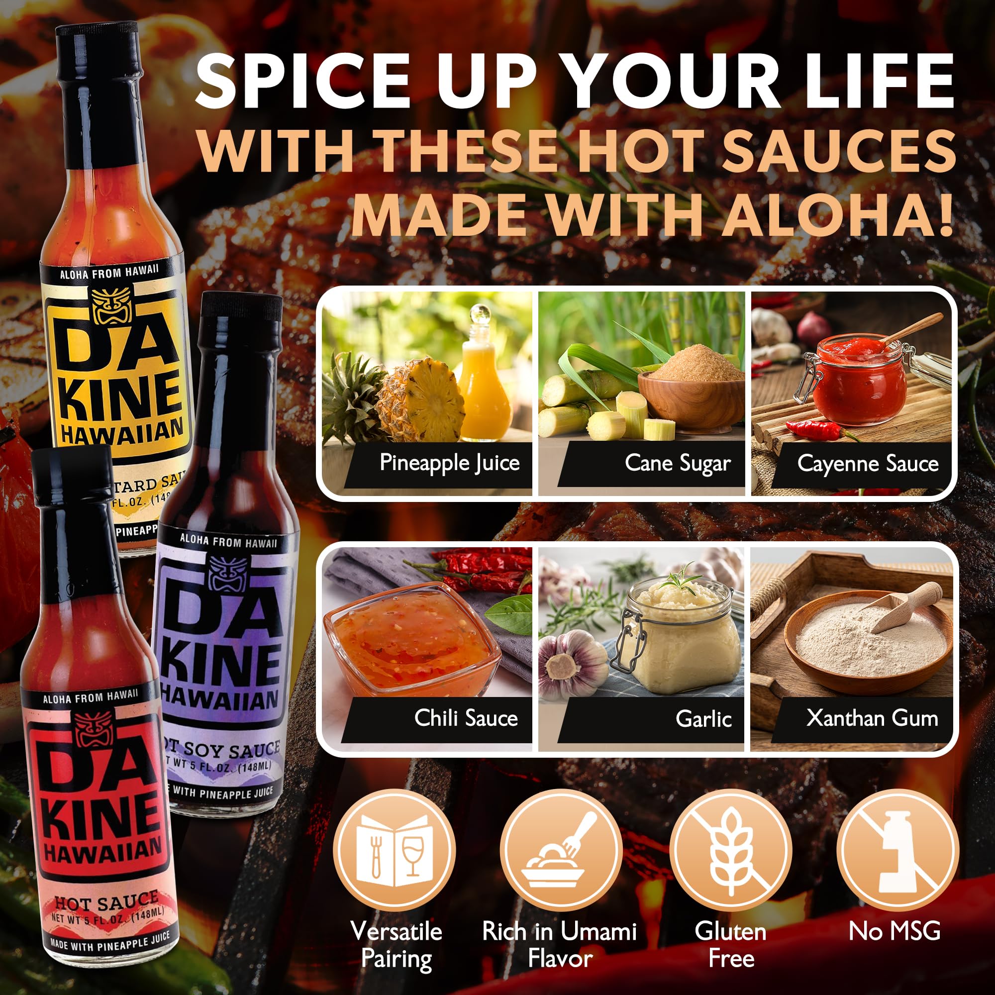 Da Kine Hawaiian Hot Sauce Sampler Set of 3 - Hot Soy, Mustard & Classic Flavors - Pineapple Juice Infused for Meat Tenderizing - Perfect for Marinades, Dipping & BBQ, Grilling, Hawaiian Dishes