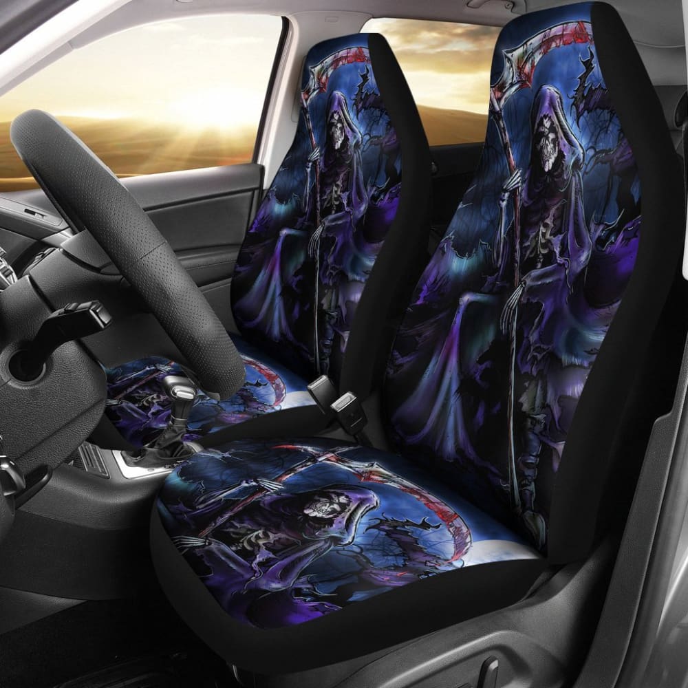 2 Pcs Grim Reaper Skull Car Seat Covers - Halloween Car Accessories for Men Women - Gothic Decor for Vehicles, Motorcycles, Trucks & SUVs - Perfect for Halloween Parties, Cosplay & Horror Themed Events