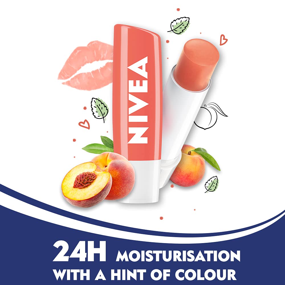 NIVEA Lip Balm Set - Fruity Peach & Watermelon Shine, 4.8g Each, Hydrating & Nourishing Lip Care for Dry Lips | Perfect for Daily Use, Travel & On-The-Go Moisturization