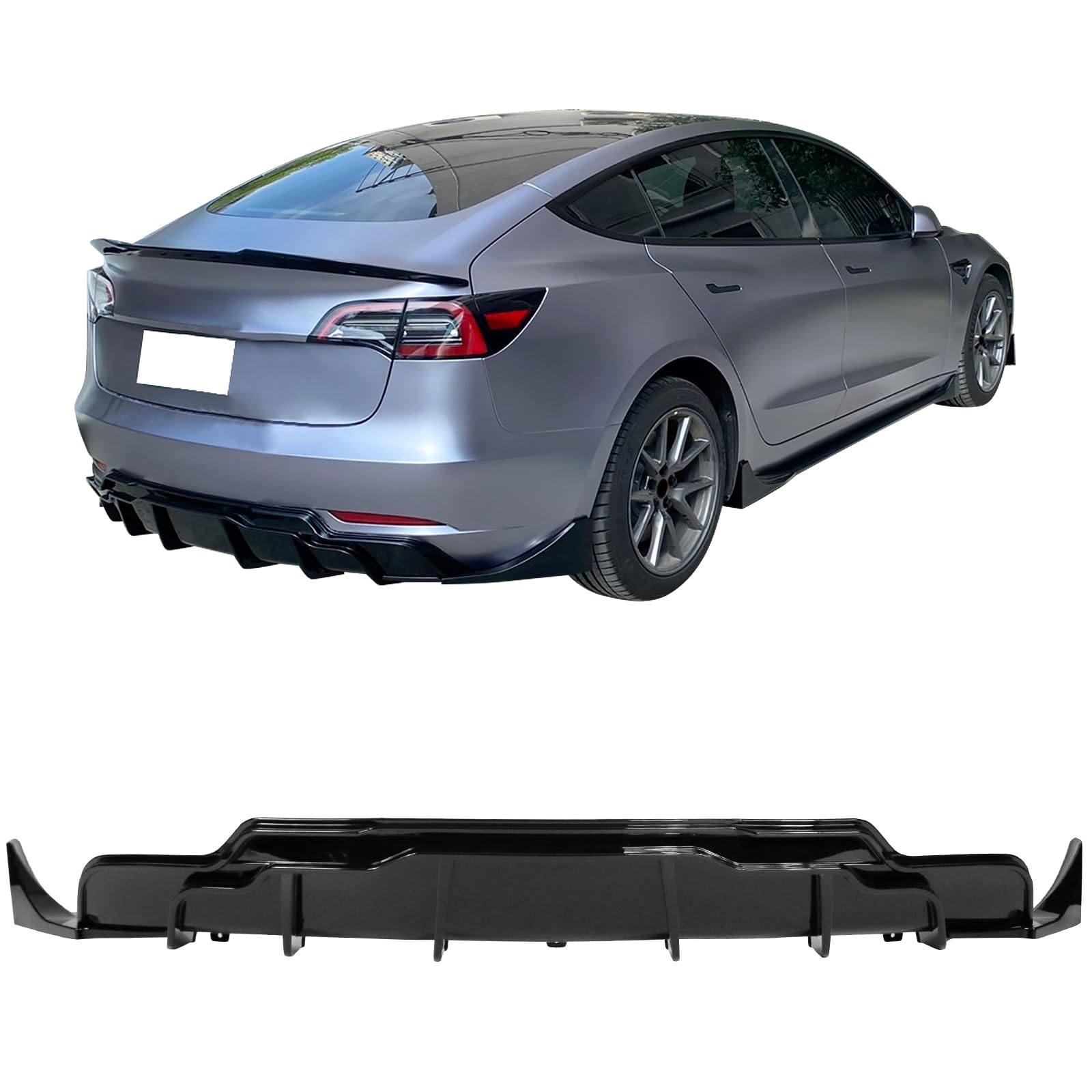 IKON MOTORSPORTS Rear Diffuser for Tesla Model 3 2017-2023 - Gloss Black PP ABS Plastic Bumper Lip & Aprons 3PC Set | IKON Style Upgrade | Enhanced Aerodynamics & Sporty Look for 2018 2019 2020 Models | Perfect for Car Enthusiasts & Performance Tuning
