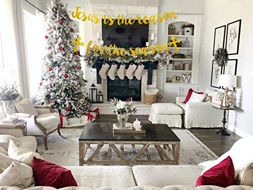 Jesus is the Reason for the Season Banner - Gold Glitter Christmas Holiday Banner - Funny Xmas Decorations for Home & Church - Perfect for Christmas Vacation & Holiday Party Decor