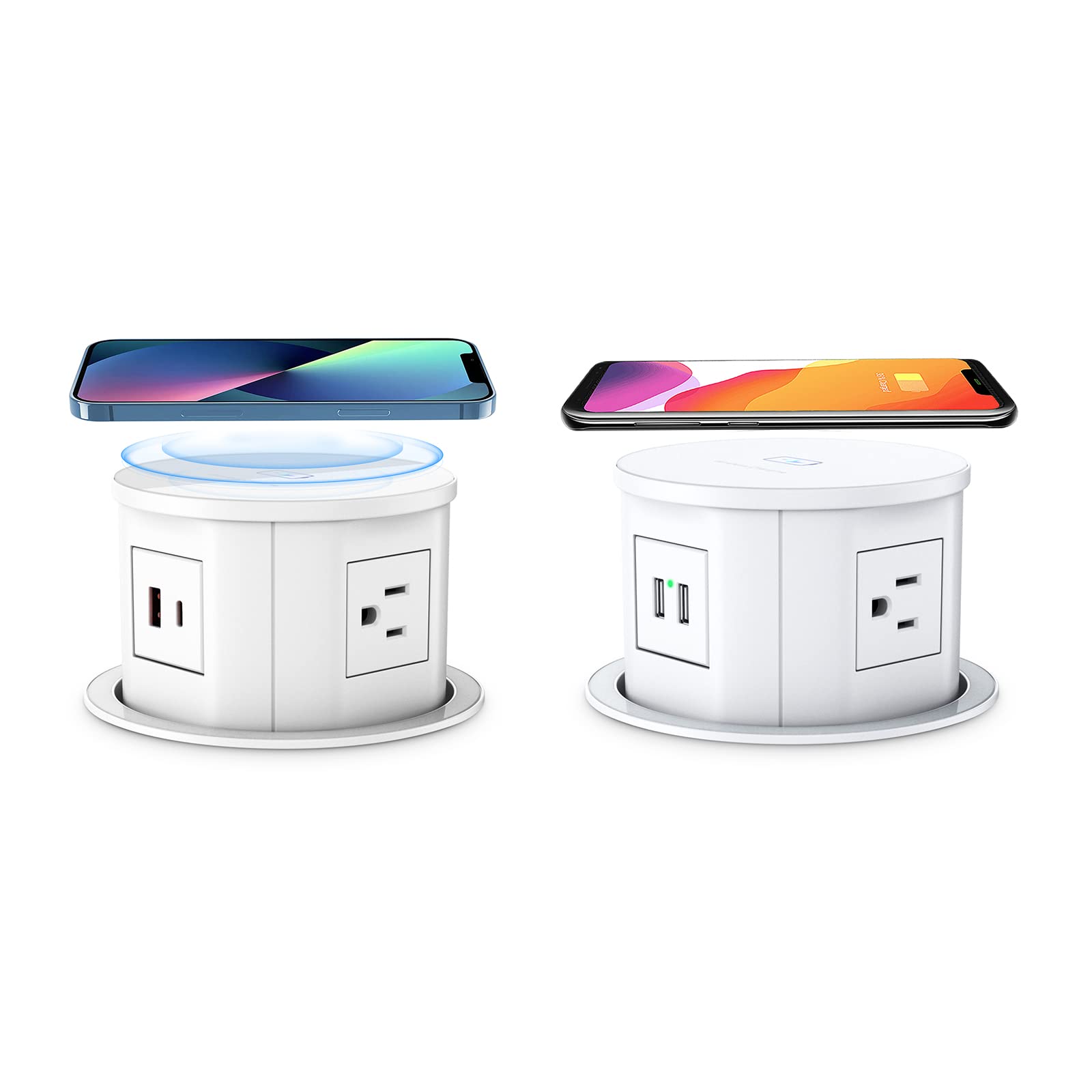 Automatic Pop-Up Outlet for Countertop & Kitchen Island - 4 AC Outlets with 2 USB Ports & Wireless Charger (White) | Perfect for Home Office, Kitchen, Dorm Room & RV