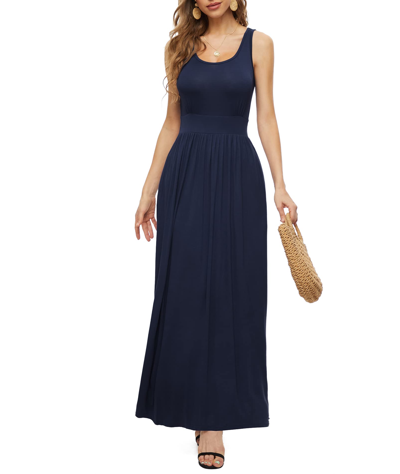 LILBETTER Women's Sleeveless Maxi Dress with Pockets - Empire Waist Flowy Long Summer Dress for Beach, Vacation & Casual Outings